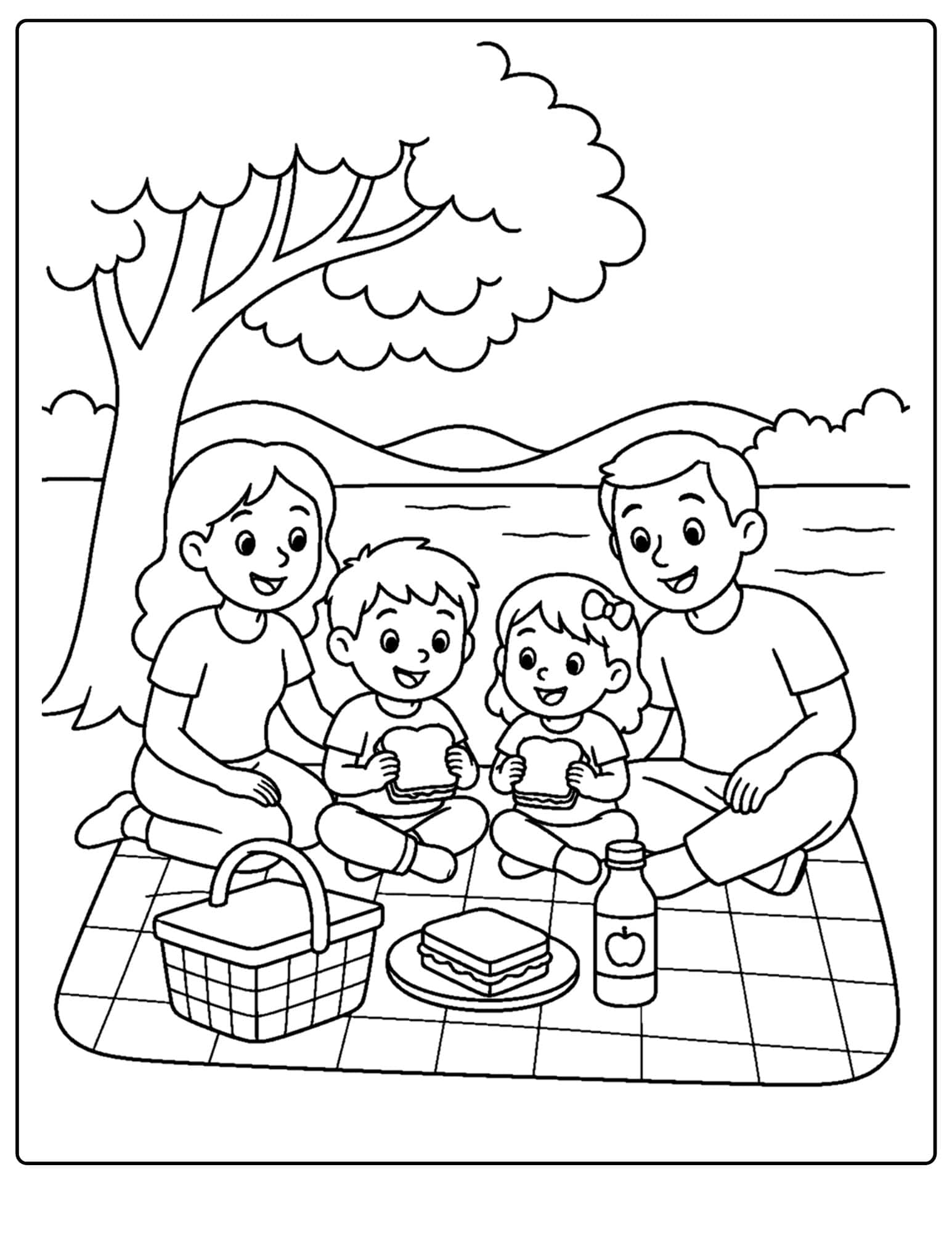 a lake themed coloring page showing a family picnic at the lake