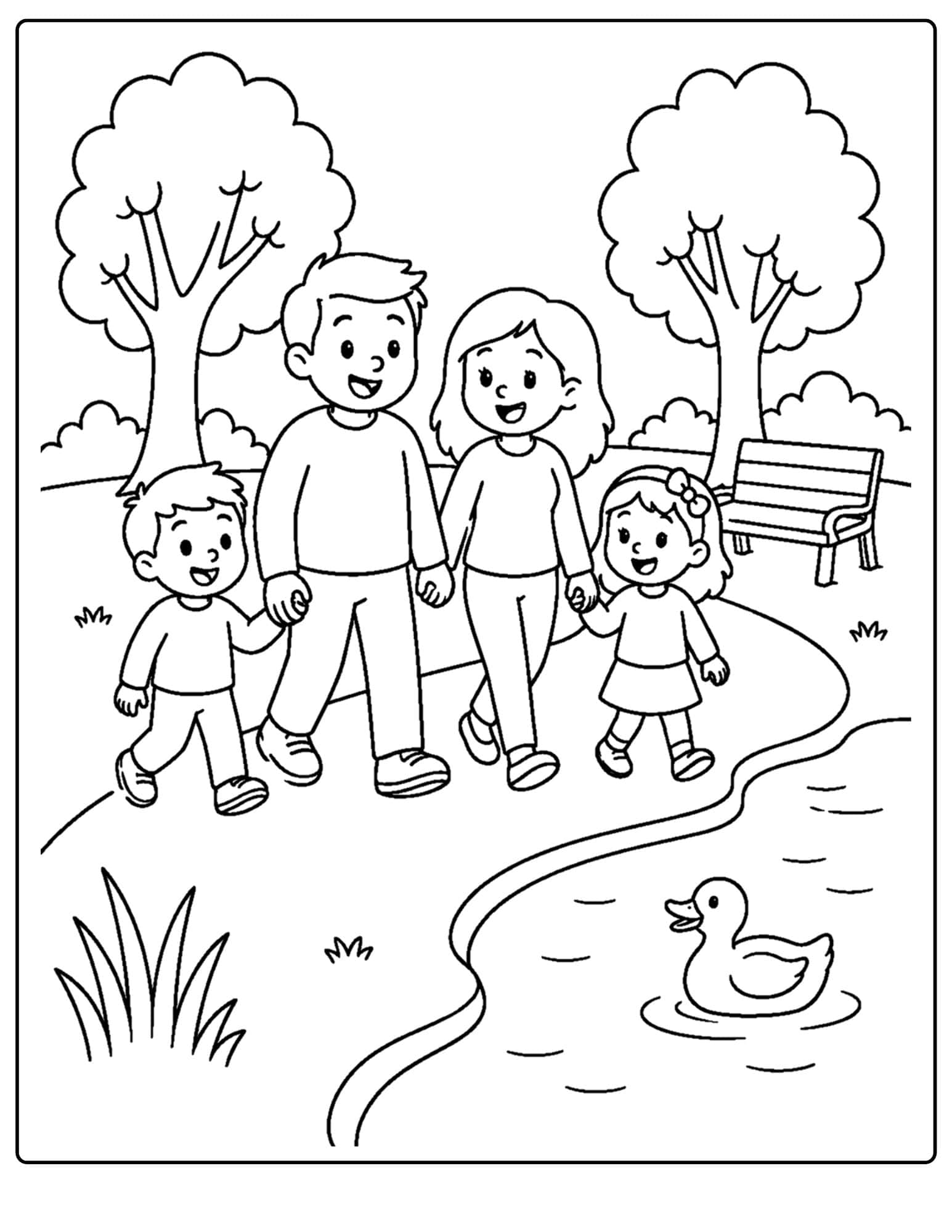 a lake themed coloring page showing a family going for a walk by the lake