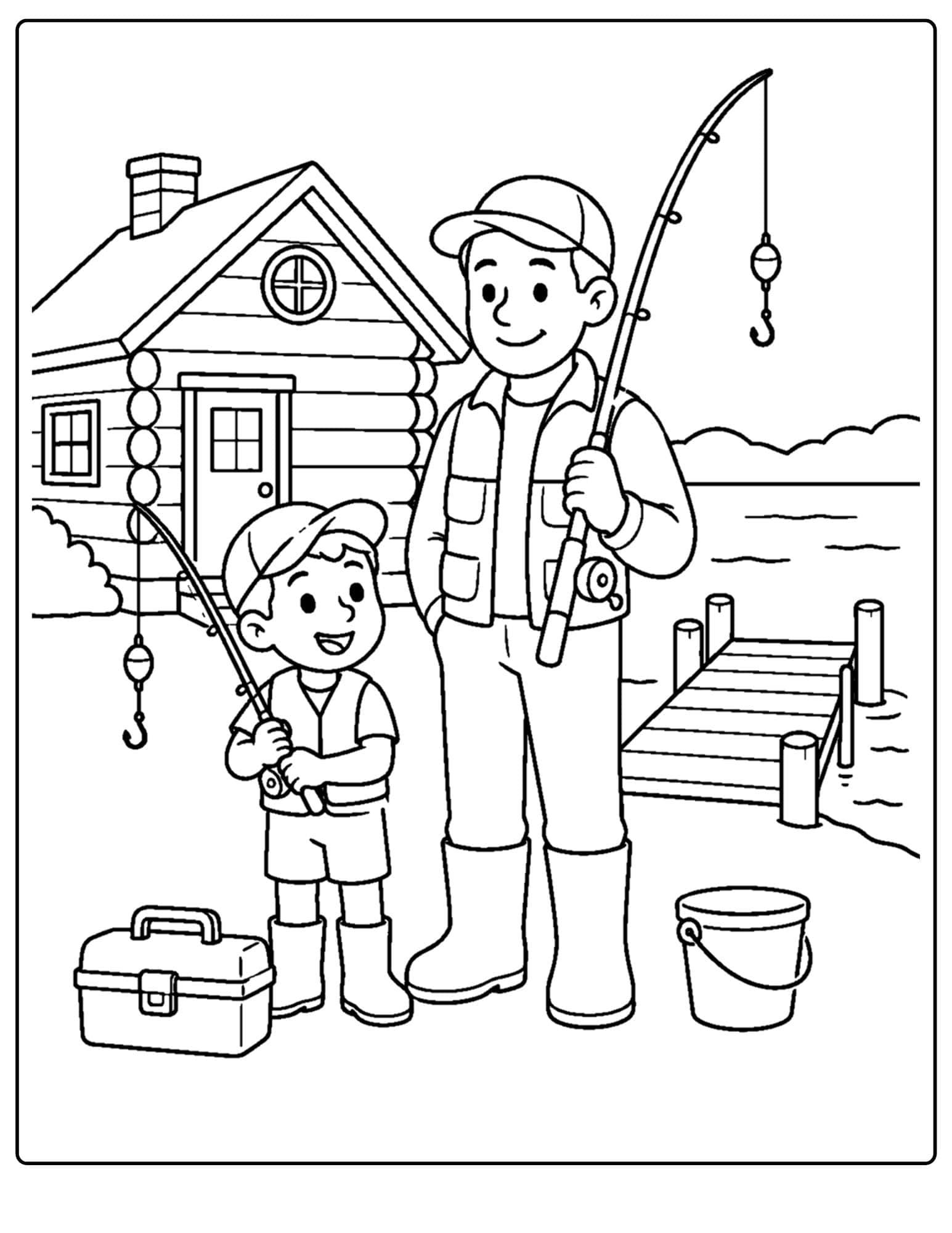 a lake themed coloring page showing a parent and child getting ready to go fishing