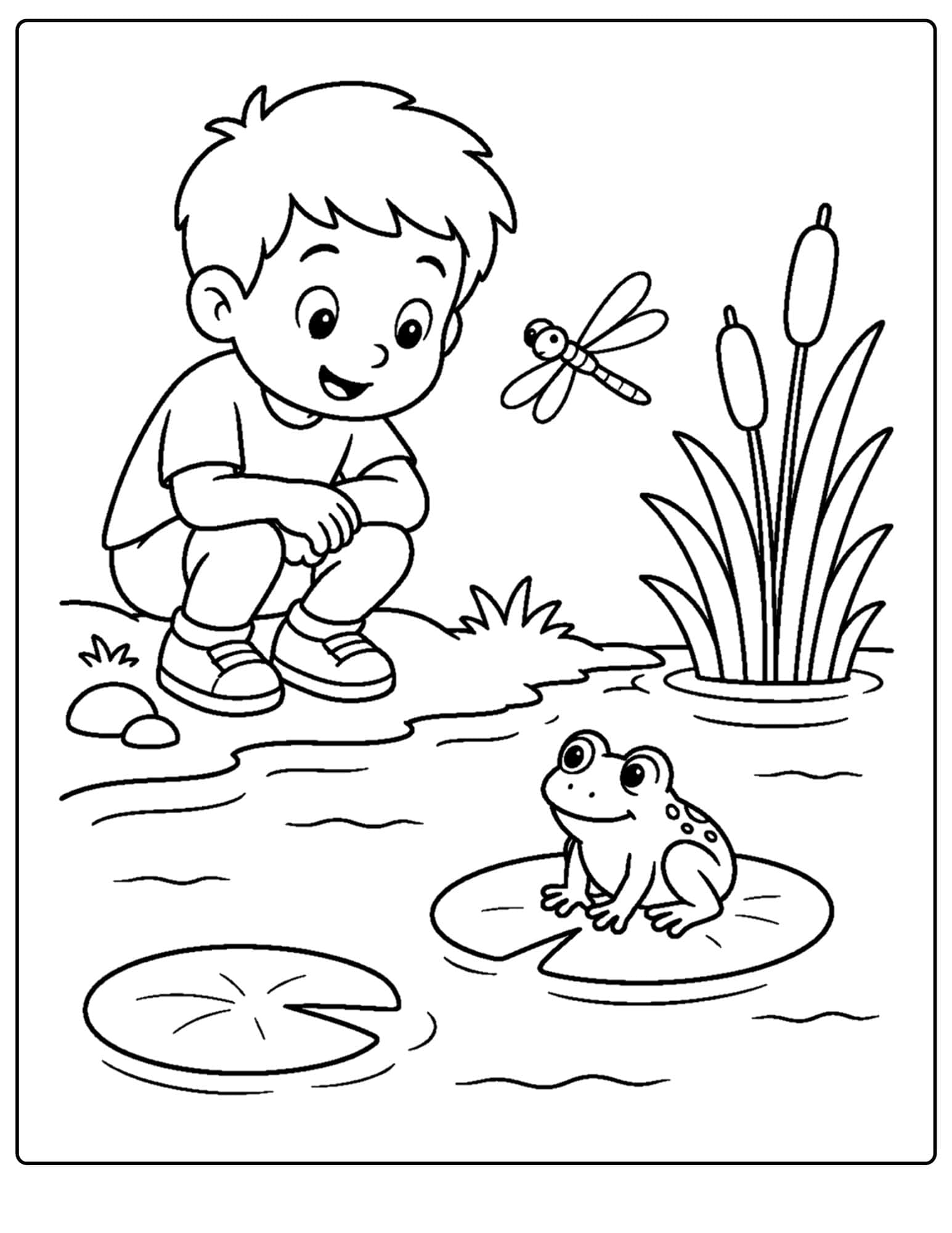 a lake themed coloring page showing a child watching a frog on a lake