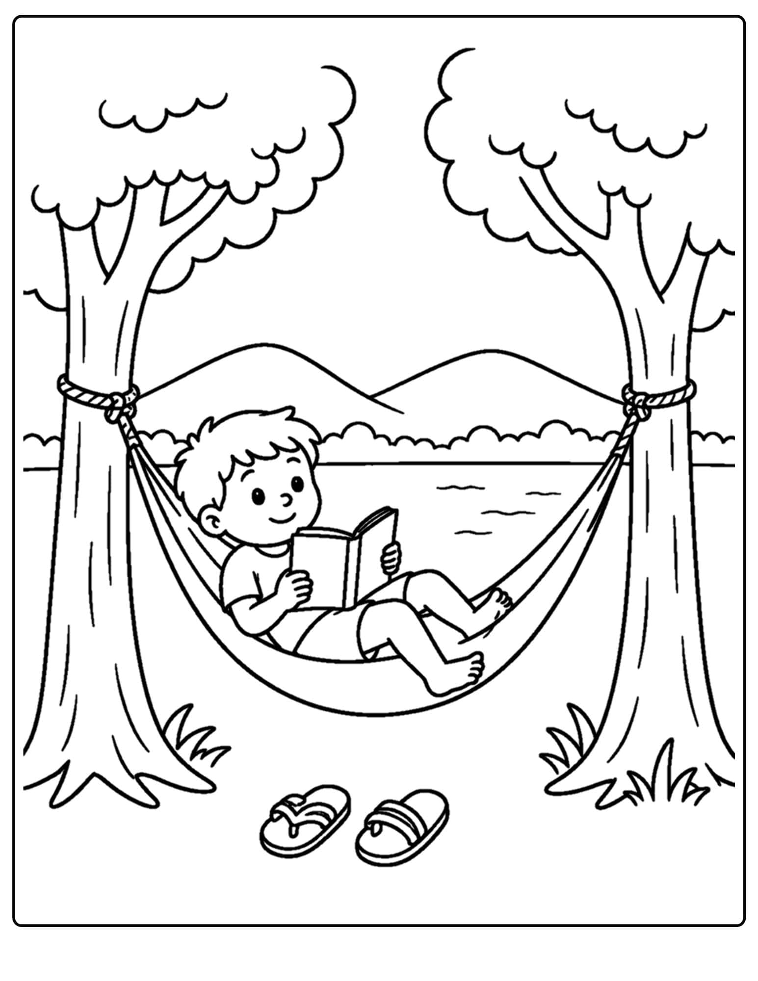 a lake themed coloring page showing a child relaxing in a hammock next to a lake