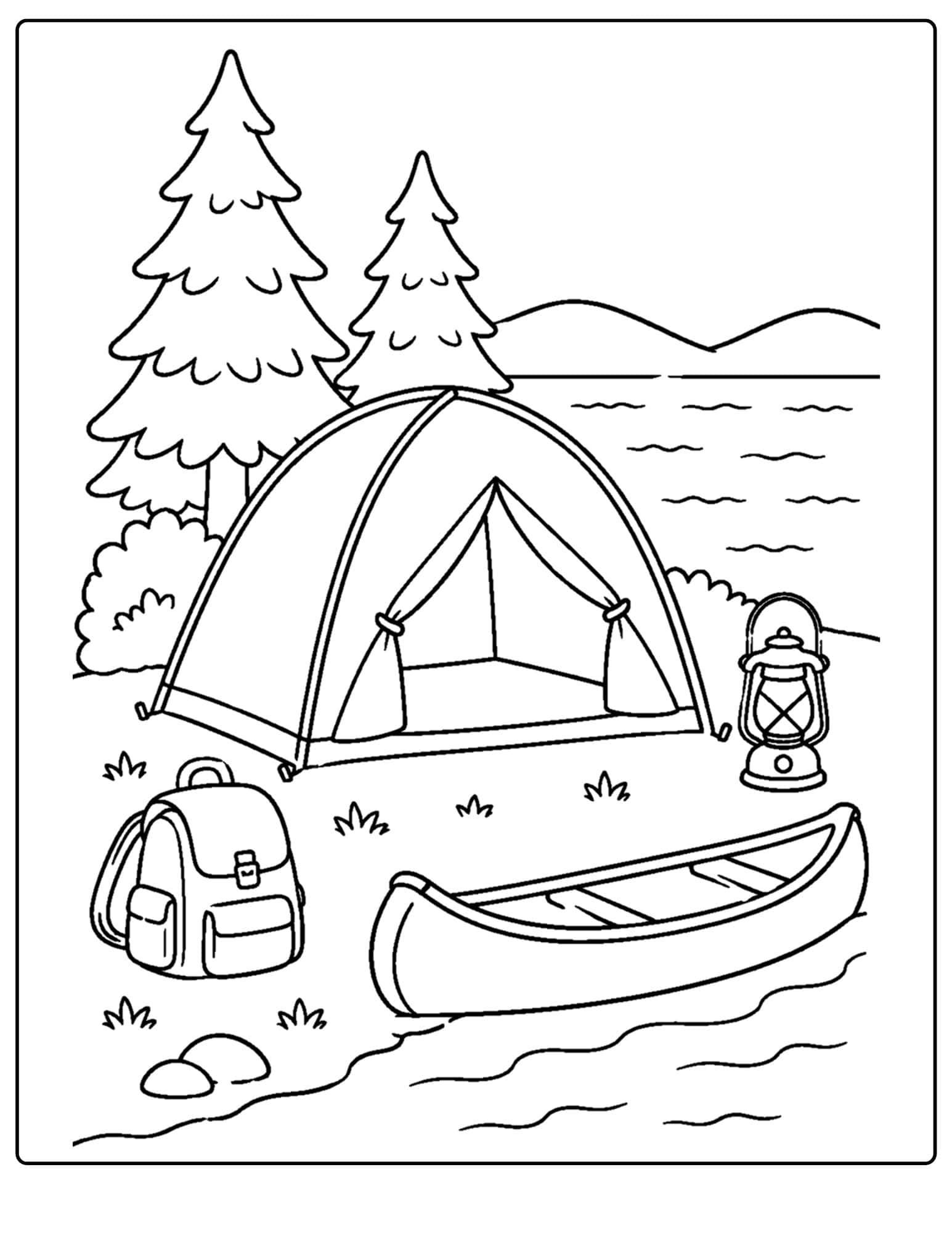 a lake themed coloring page showing a camping scene with tent and canoe next to a lake