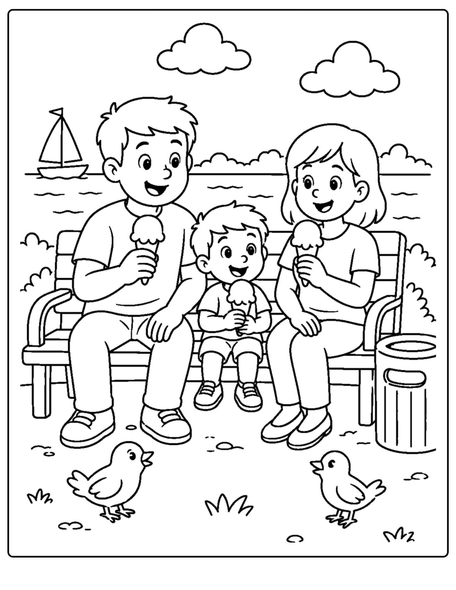 a lake themed coloring page showing a family eating ice cream on a hot day by the lake