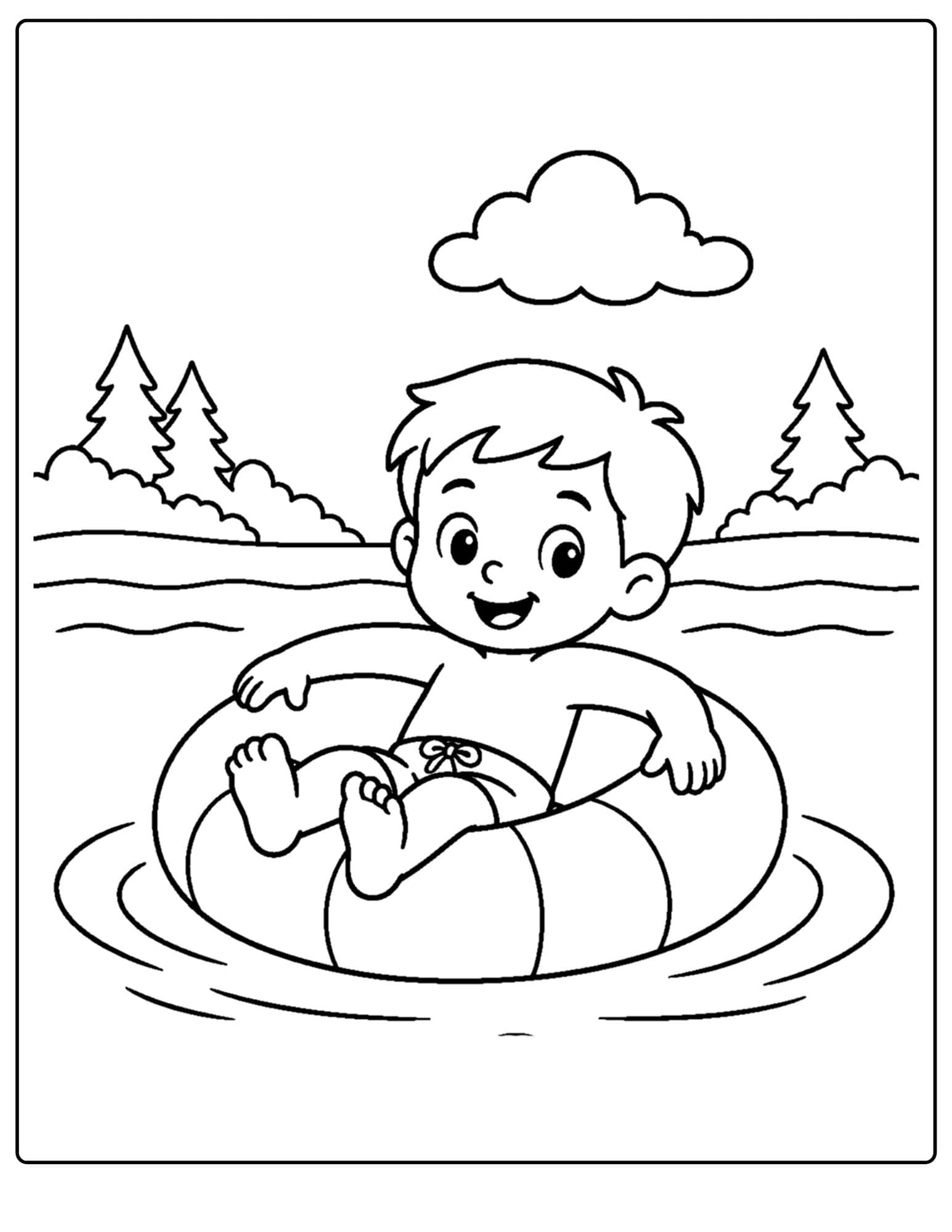 a lake themed coloring page showing a child floating in a tube on the lake