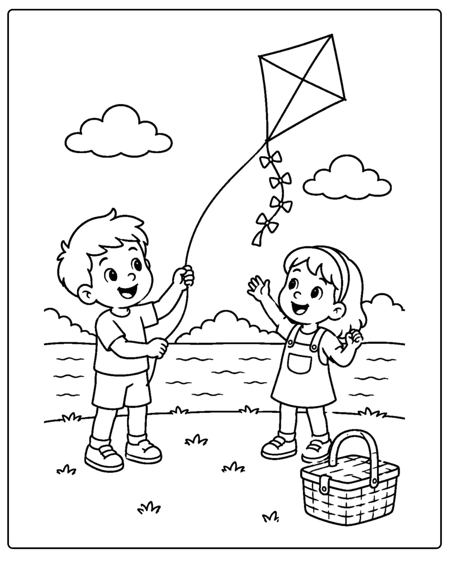 a lake themed coloring page showing kids flying a kite by the lake