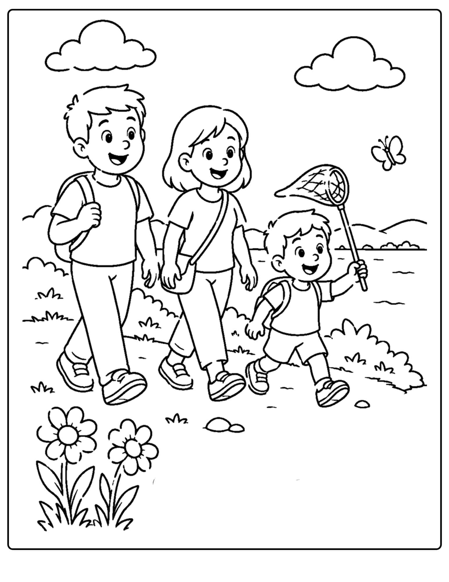 a lake themed coloring page showing a family on a nature walk