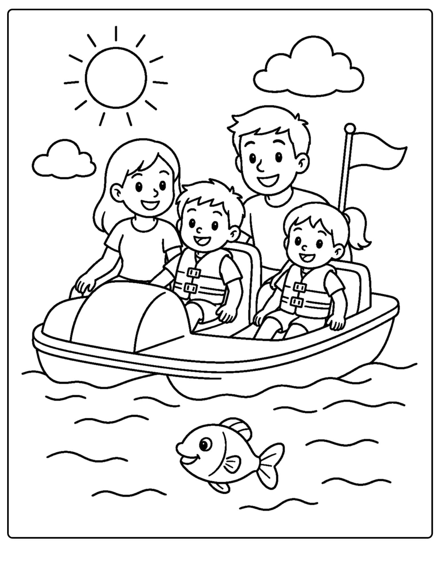 a lake themed coloring page showing a family riding a paddle boat on the lake