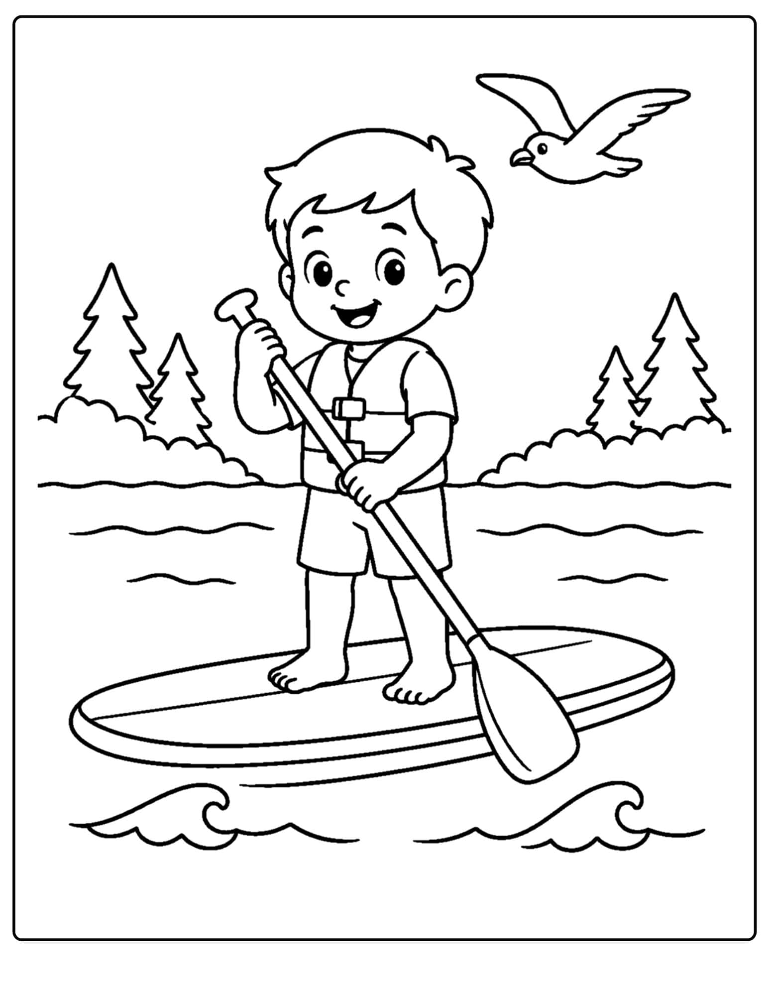 a lake themed coloring page showing a child paddle boarding on a lake