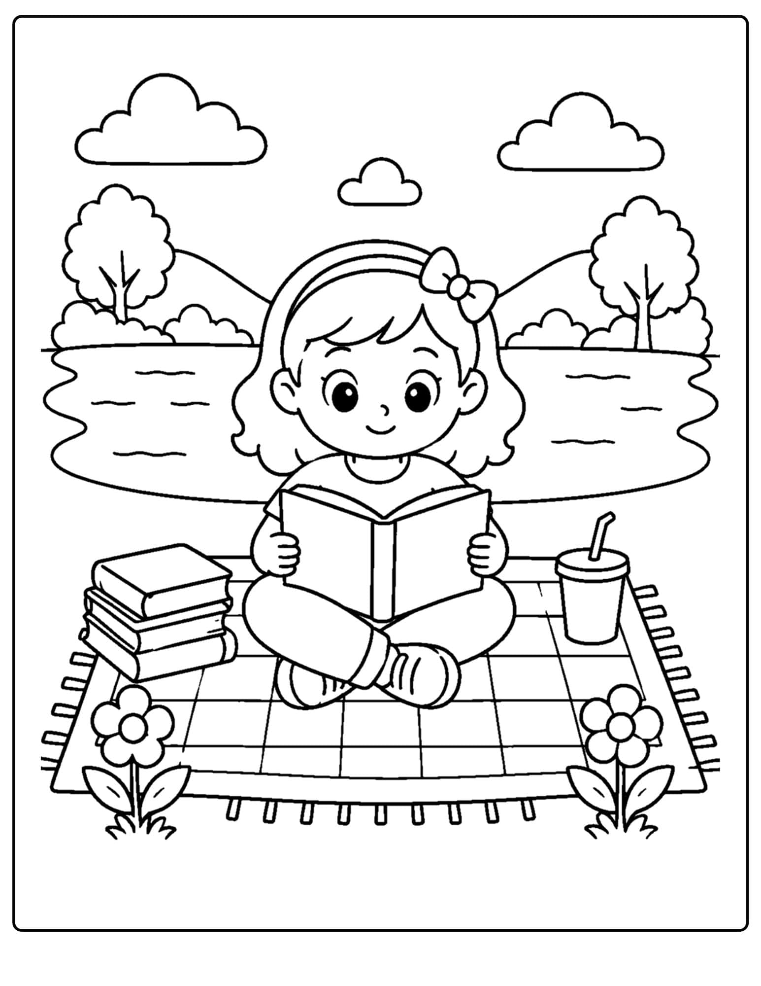 a lake themed coloring page showing a girl sitting reading a book on a picnic blanket next to a lake