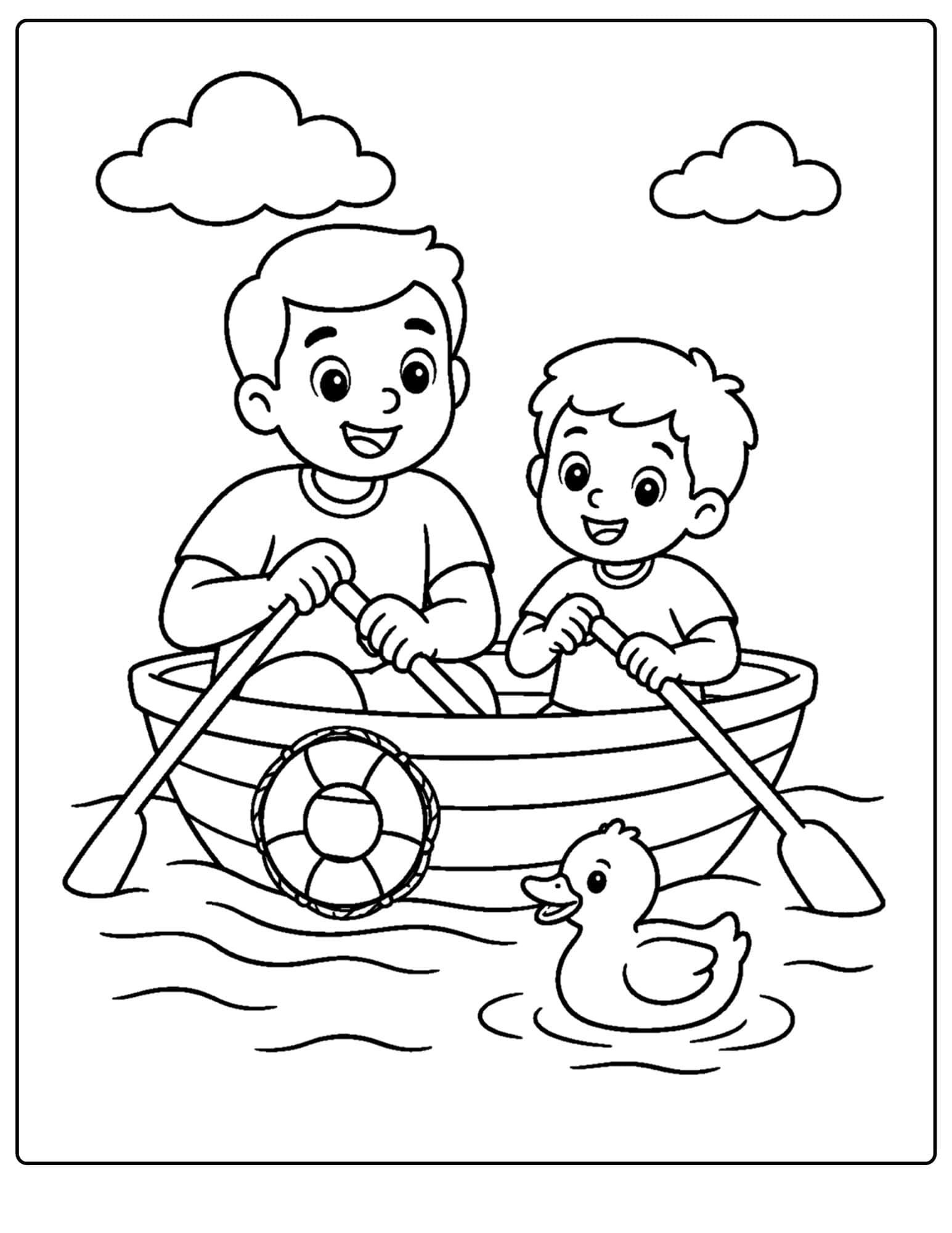 a lake themed coloring page showing a parent and child rowing a tiny boat on a lake