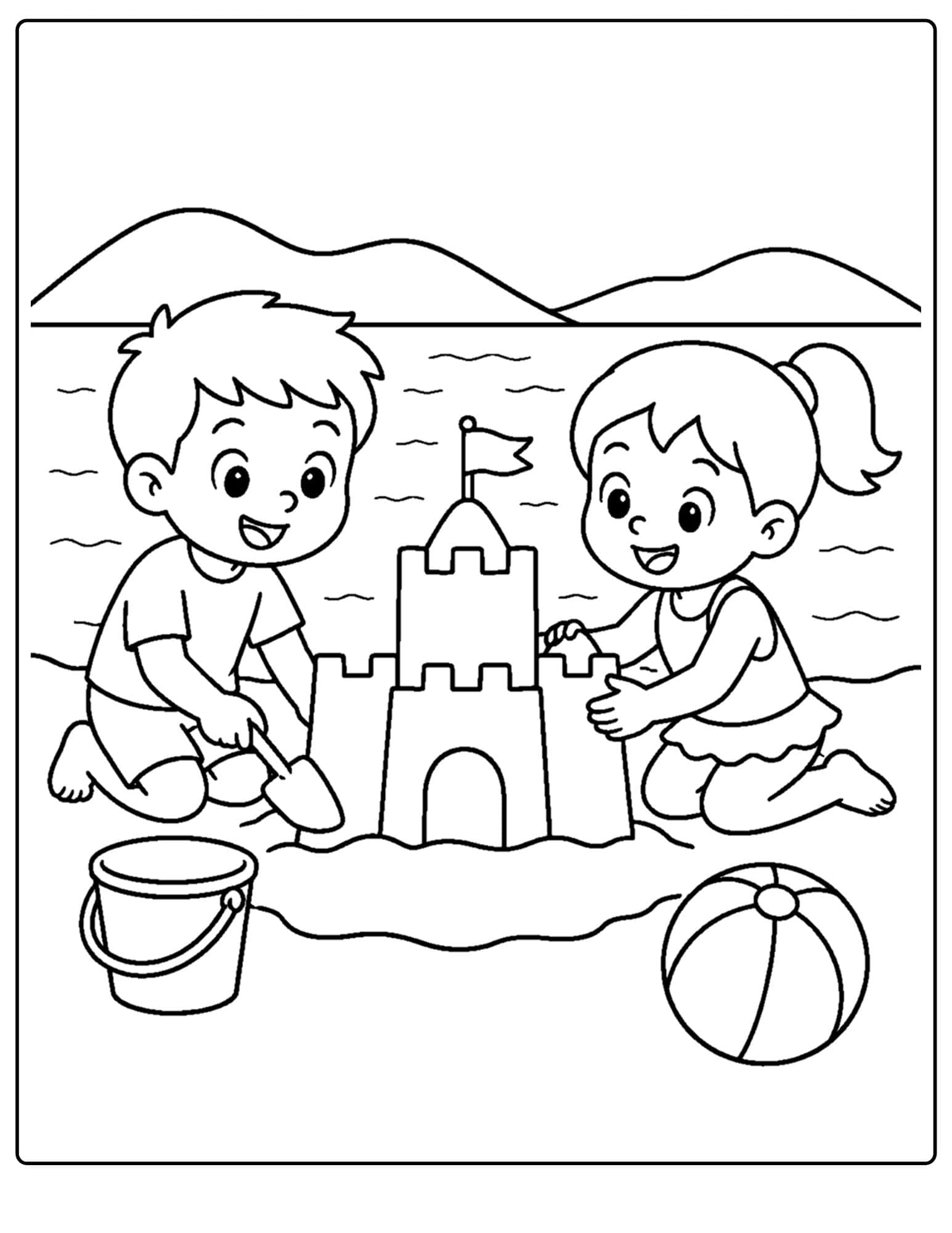 a lake themed coloring page showing kids building a sandcastle on the lake shore