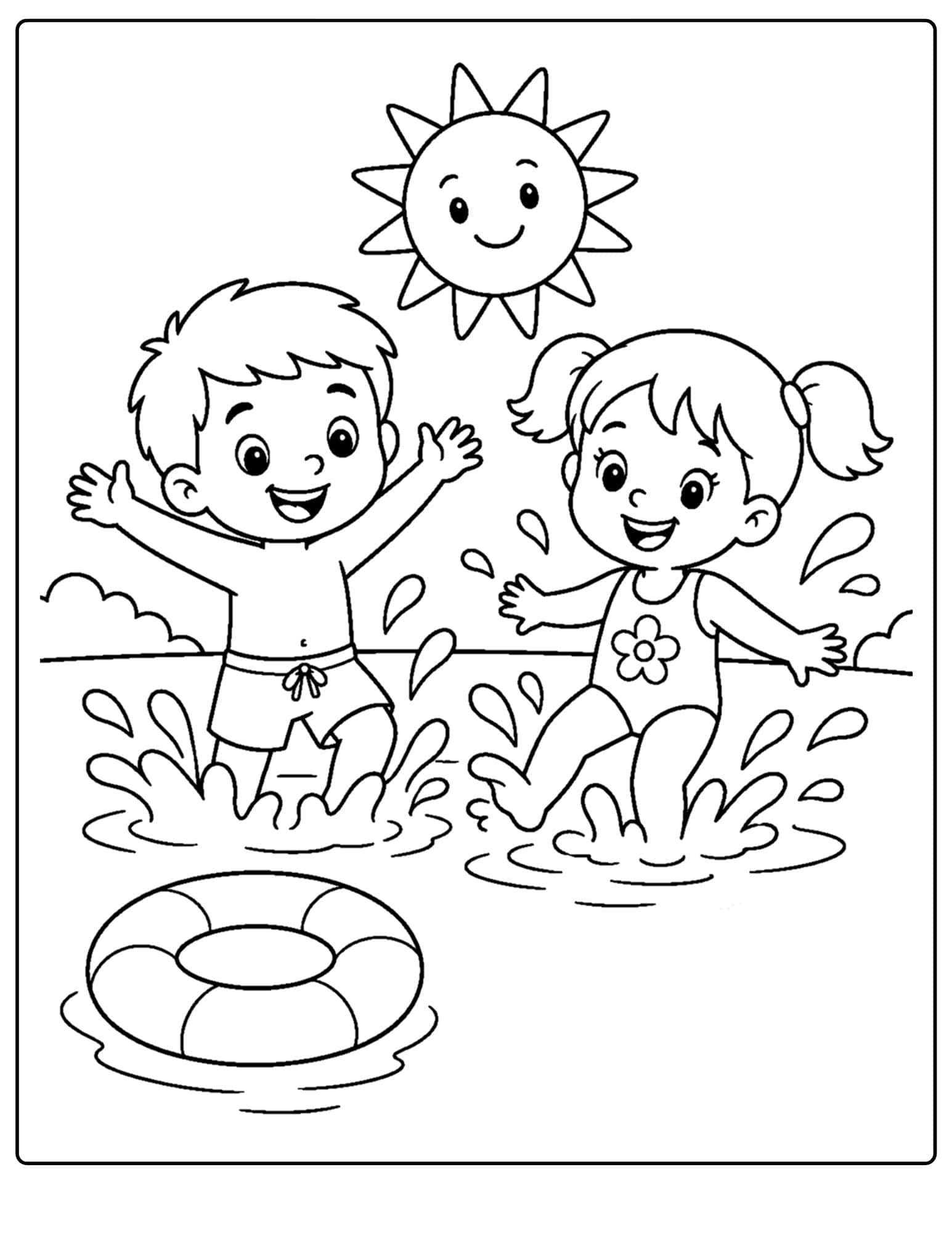 a lake themed coloring page showing kids swimming and splashing in a lake