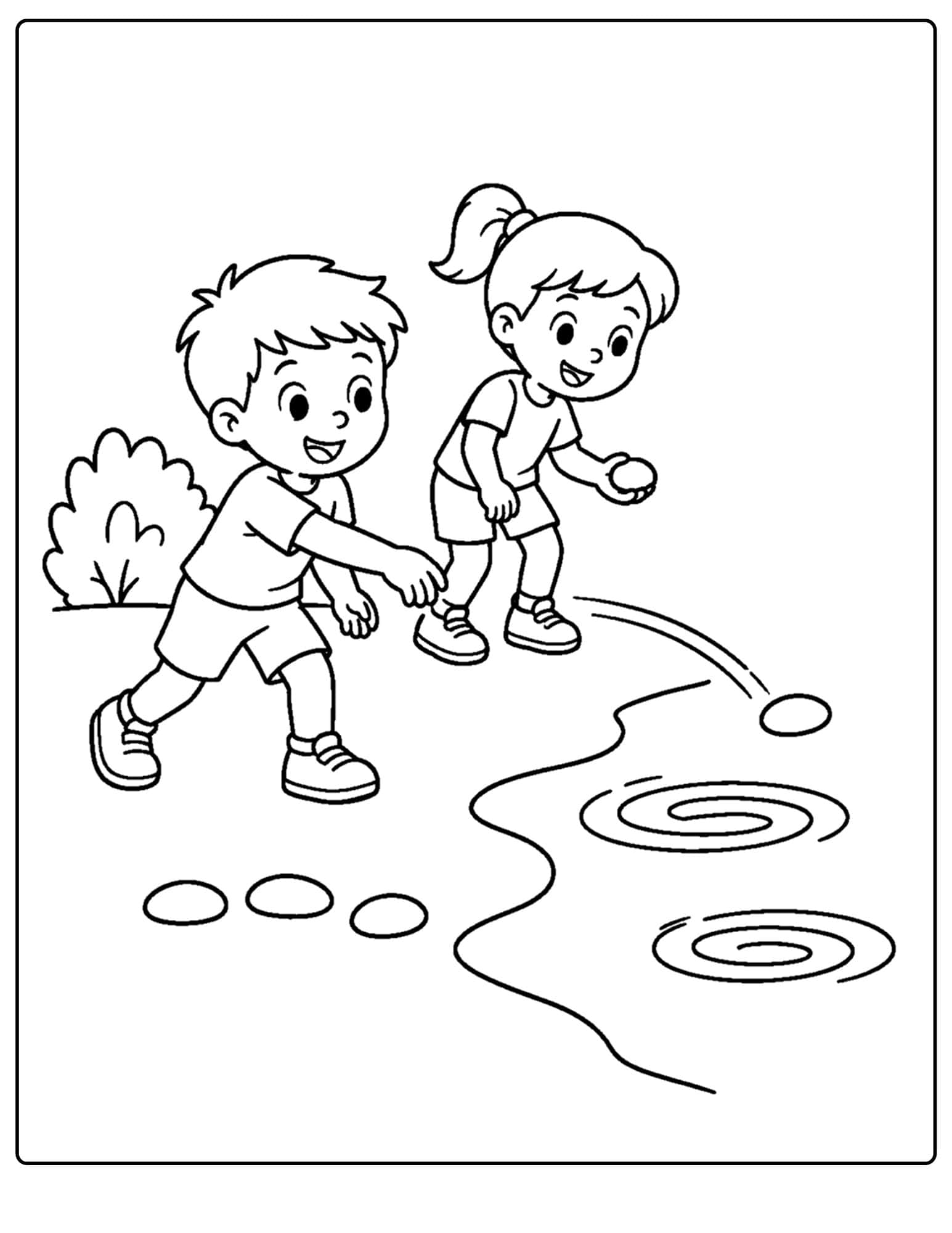 a lake themed coloring page showing kids skipping stones along the lake