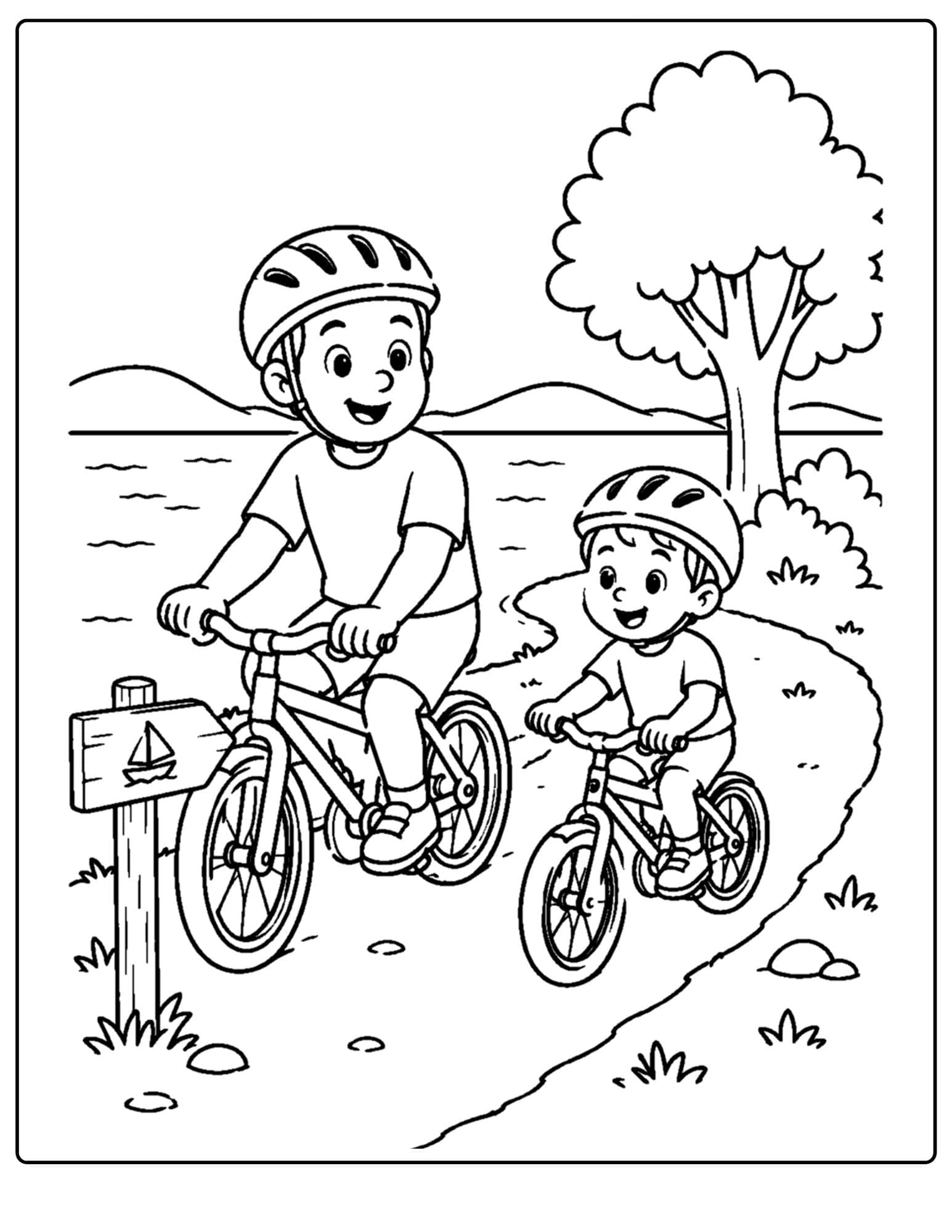a lake themed coloring page showing a parent and child riding along a path next to a lake