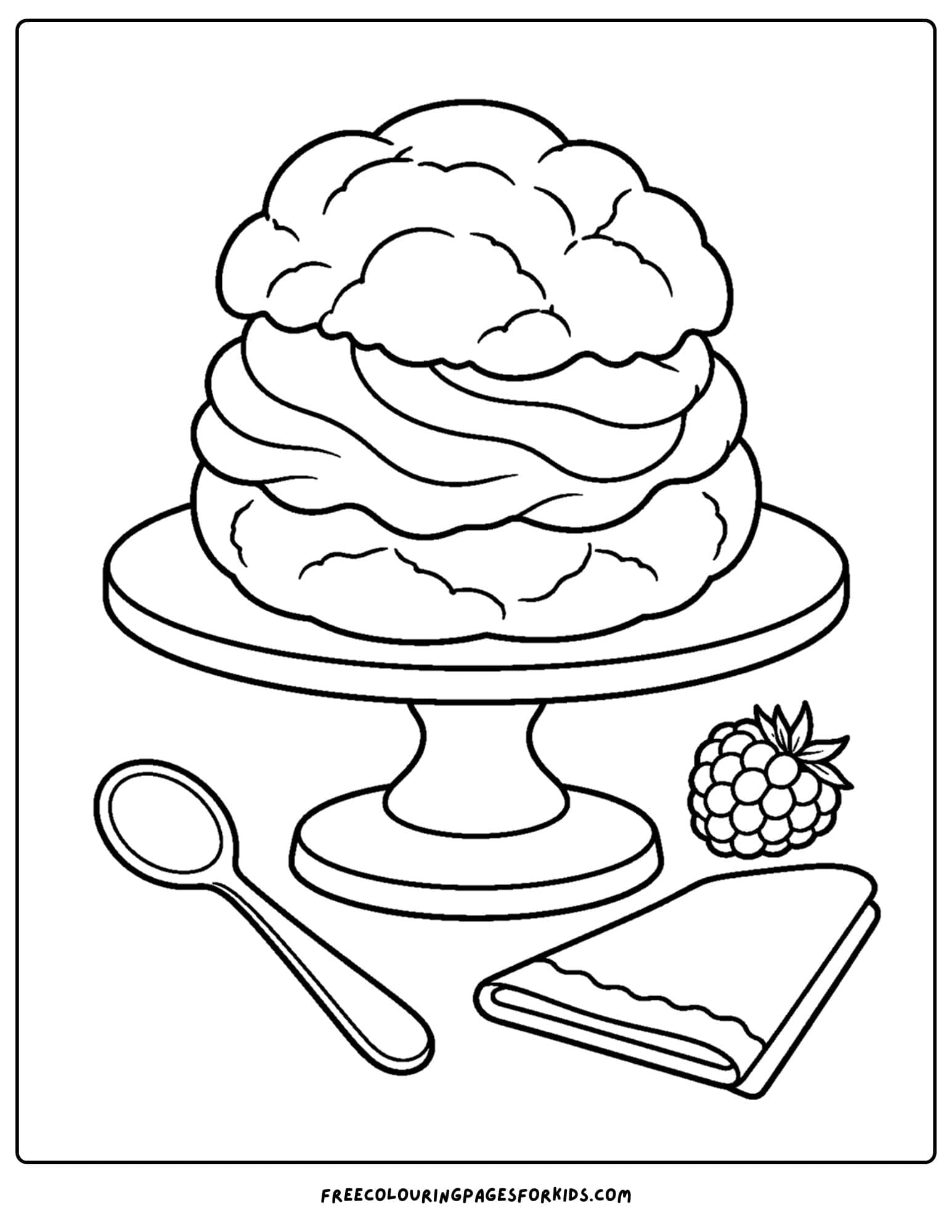 a pastry coloring page showing a cream puff on a stand