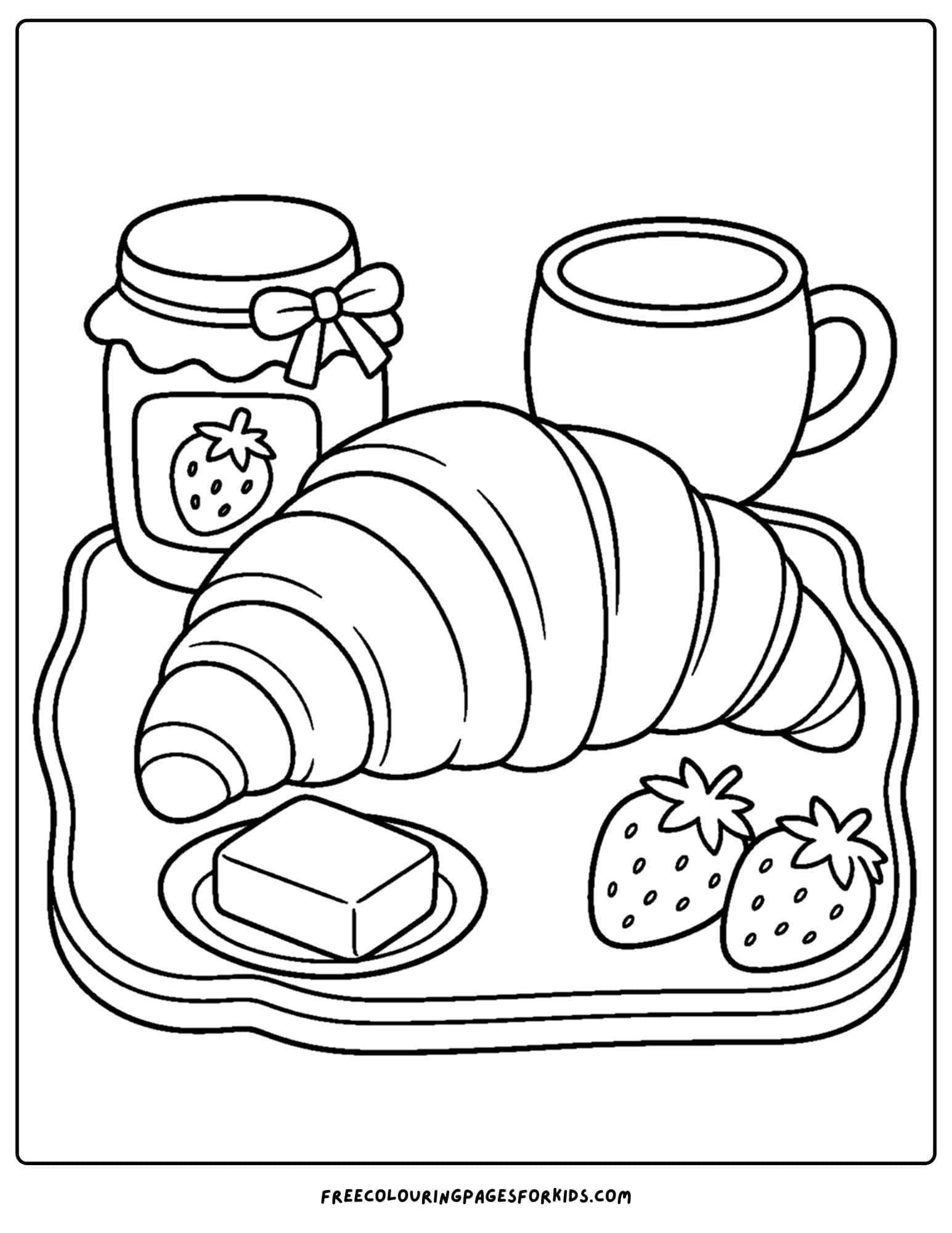 a pastry coloring page showing a croissant on a tray with jam and a cup
