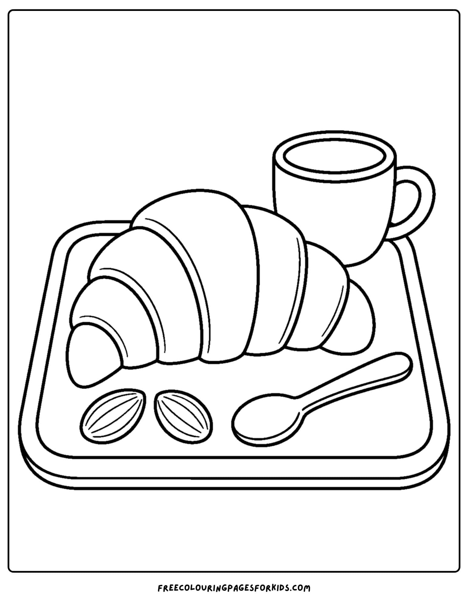 a pastry coloring page showing a simple croissant with almonds