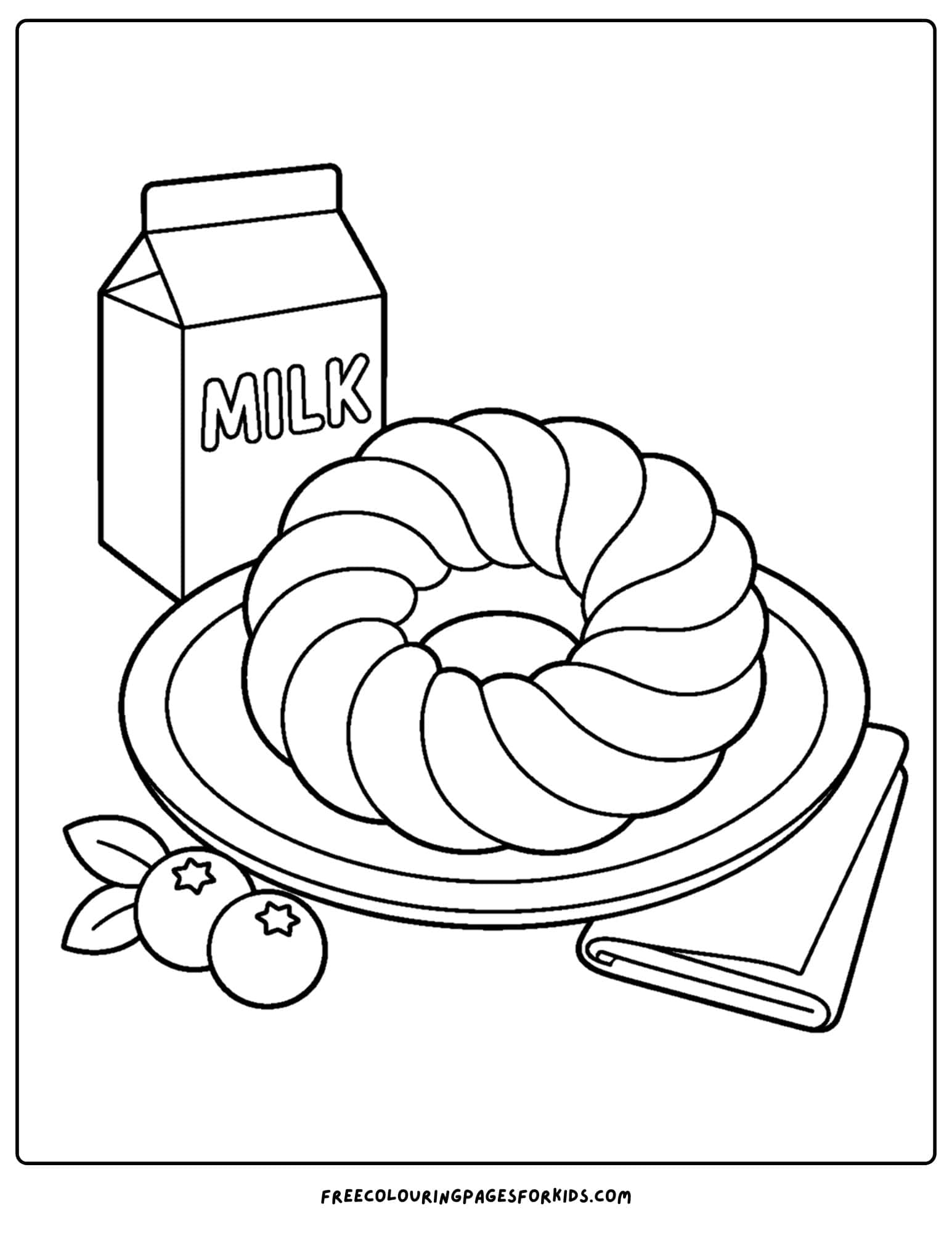 a pastry coloring page showing a cruller with milk