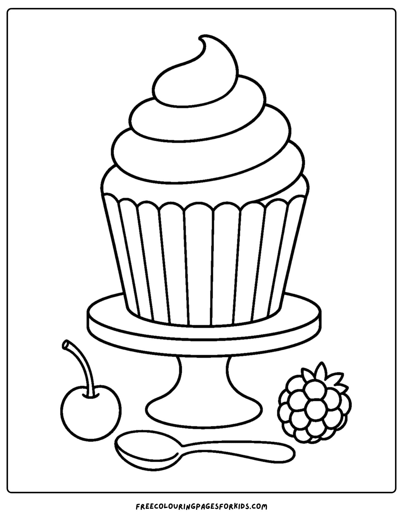a pastry coloring page showing a sweet cupcake on a stand