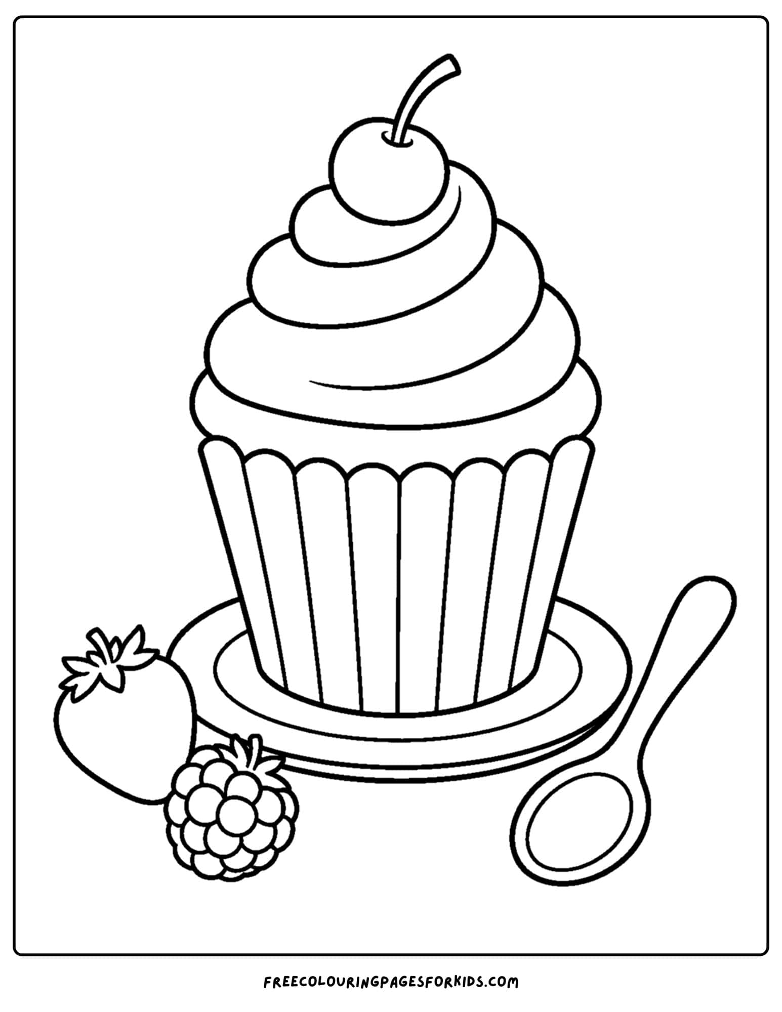 a pastry coloring page showing a cupcake with a cherry on top
