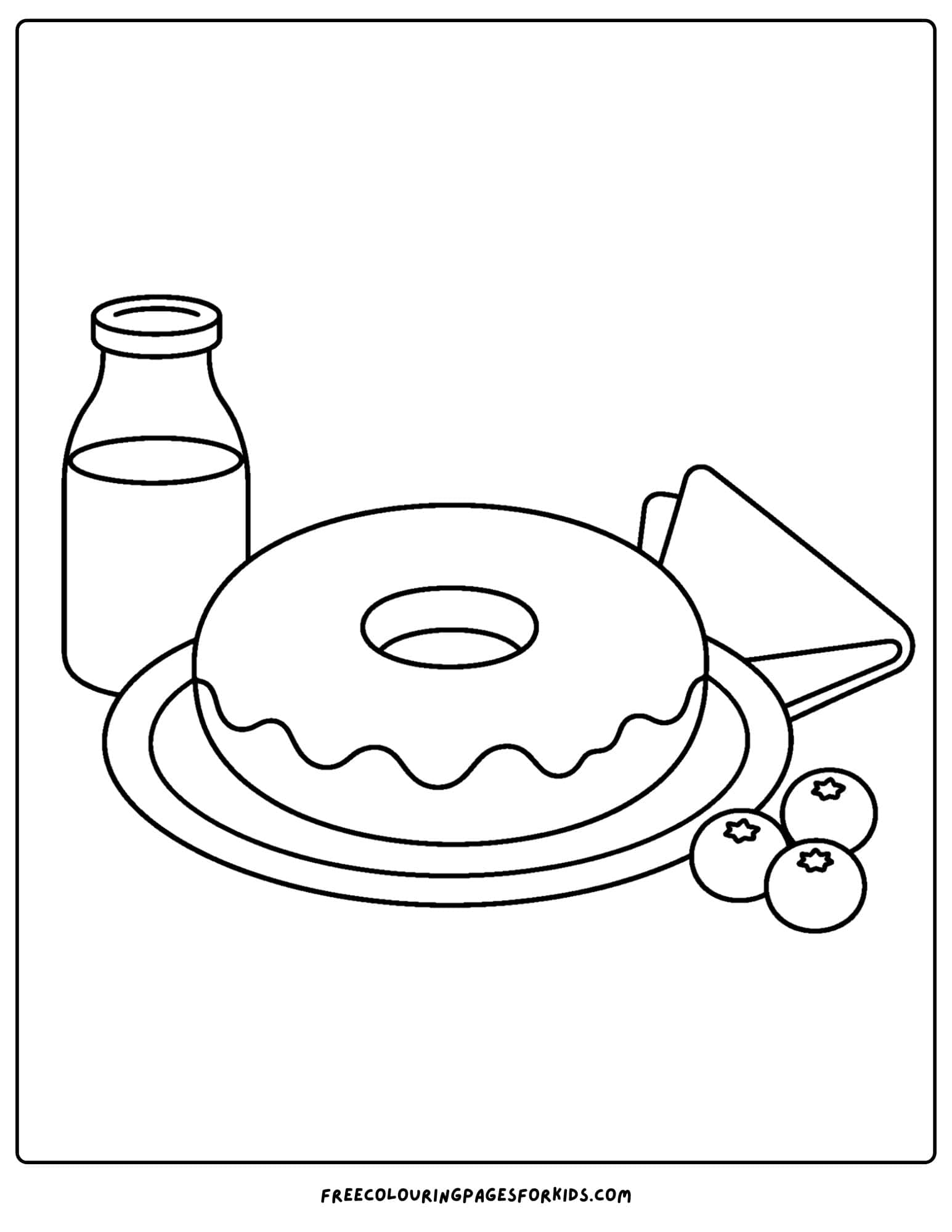 a pastry coloring page showing a donut, berries and drink