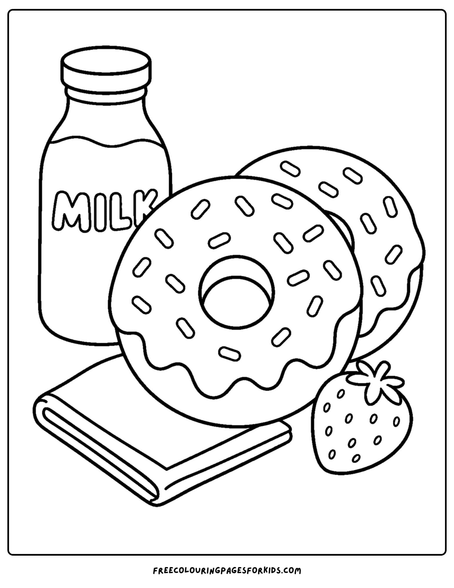a pastry coloring page showing a milk bottle and donuts with sprinkles