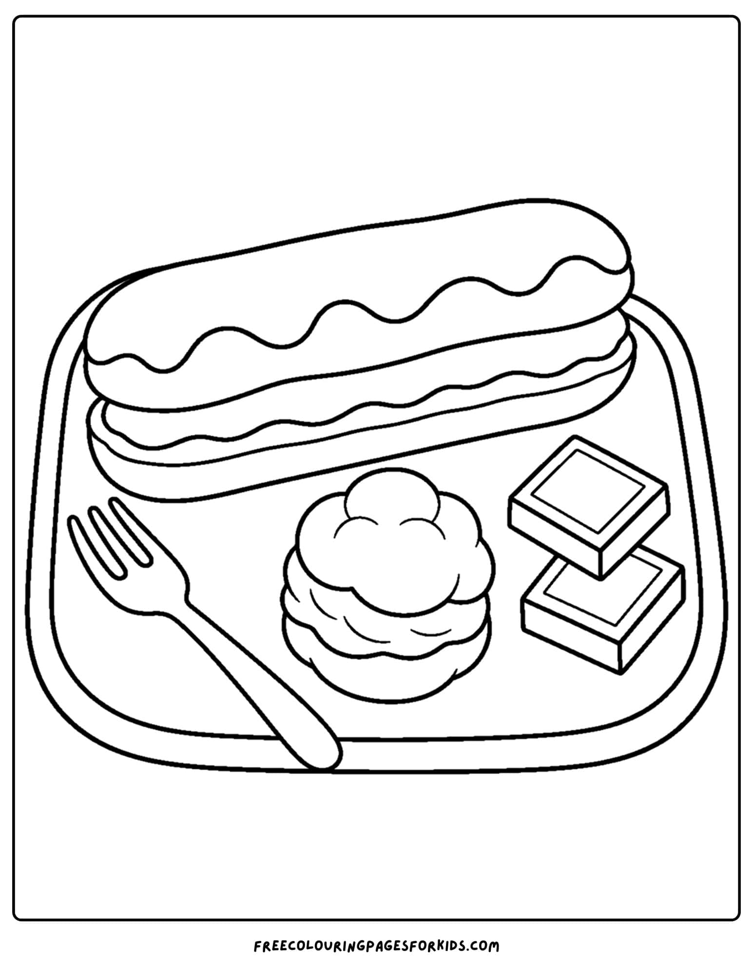 a pastry coloring page showing an eclair on a tray