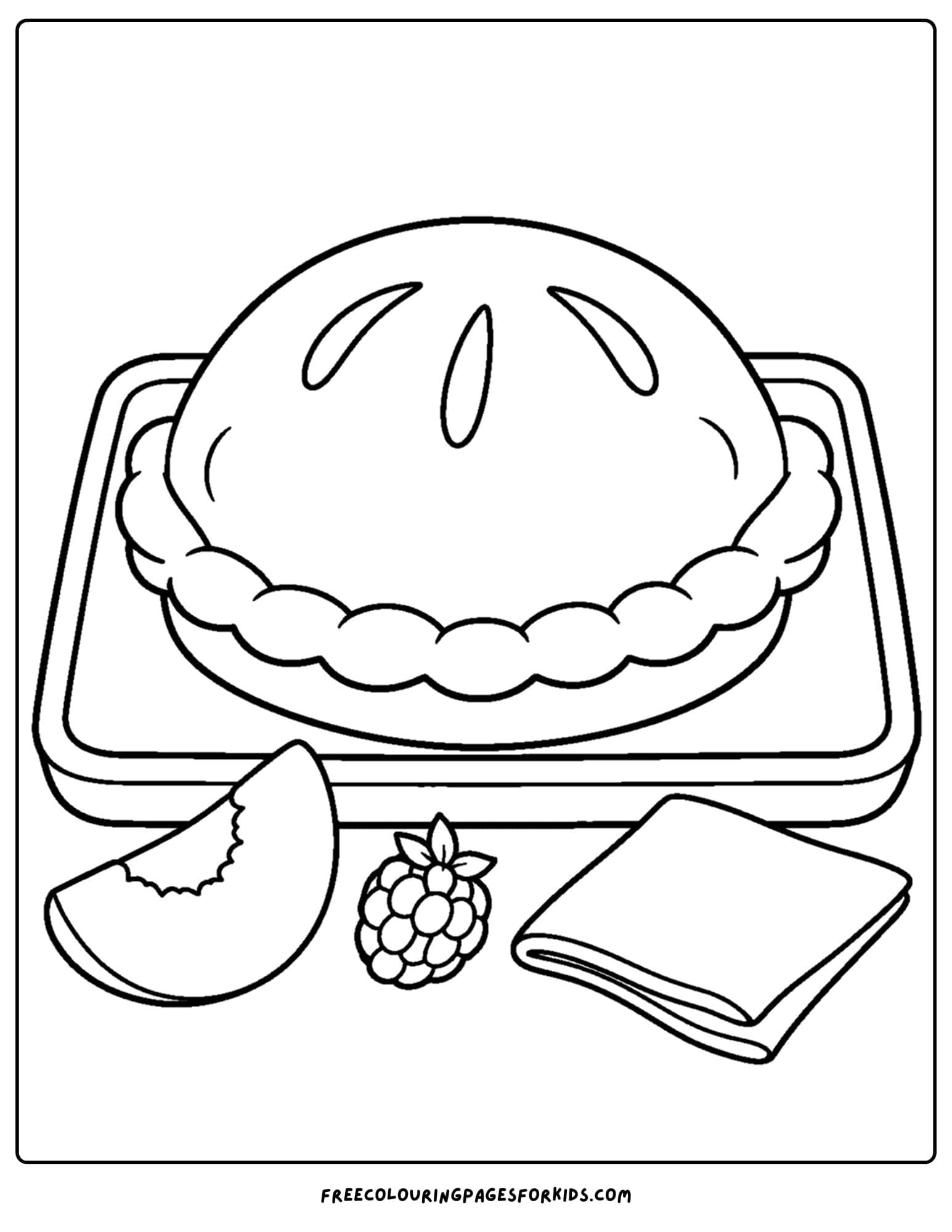 a pastry coloring page showing a tray with fruit and a delicious pastry