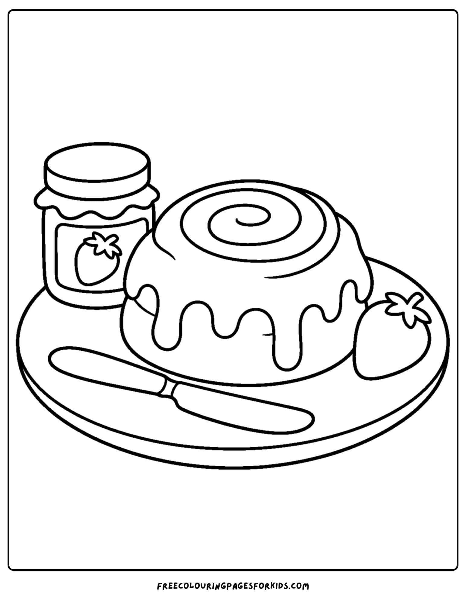 a pastry coloring page showing a yummy glazed bun with jam