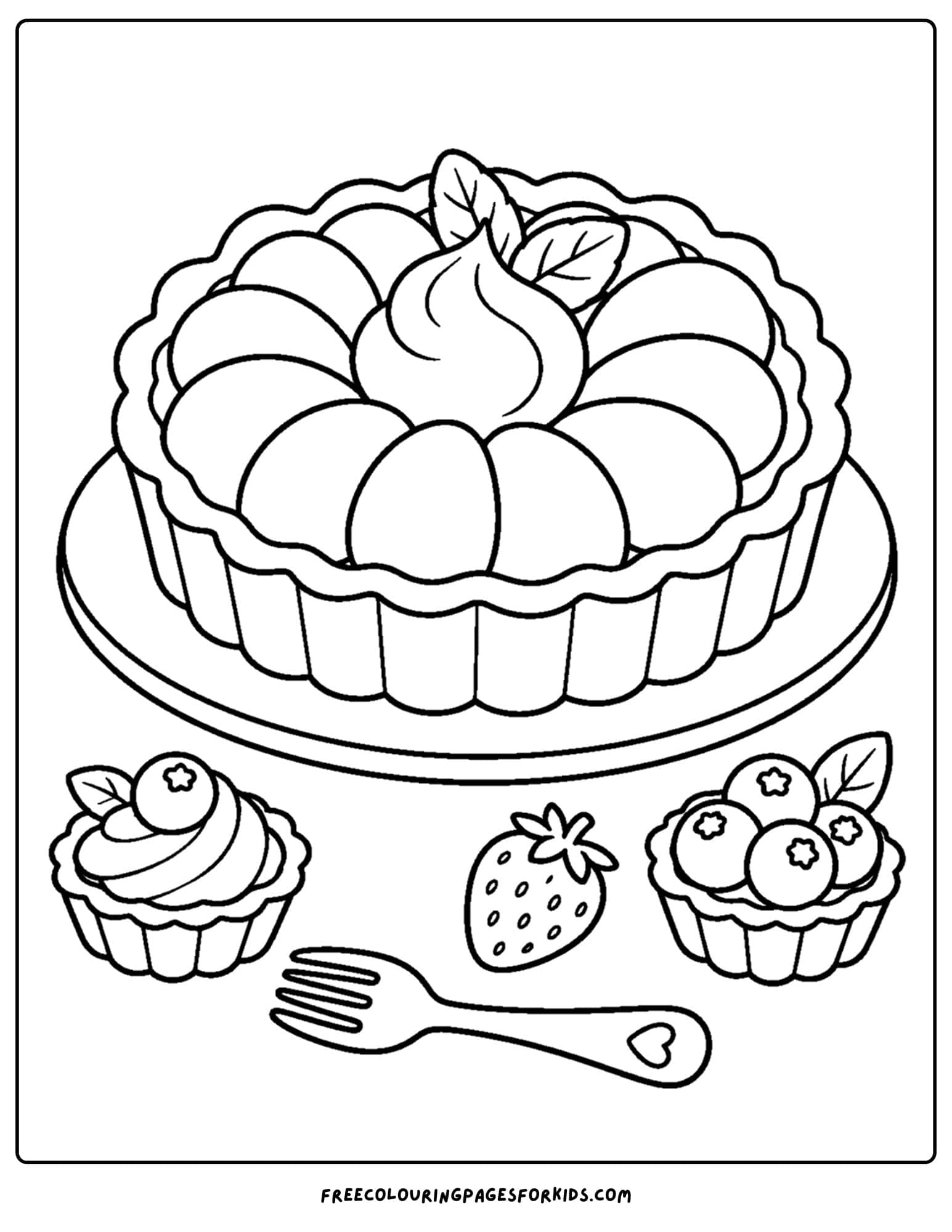 a pastry coloring page showing a large tart with smaller tarts next to it