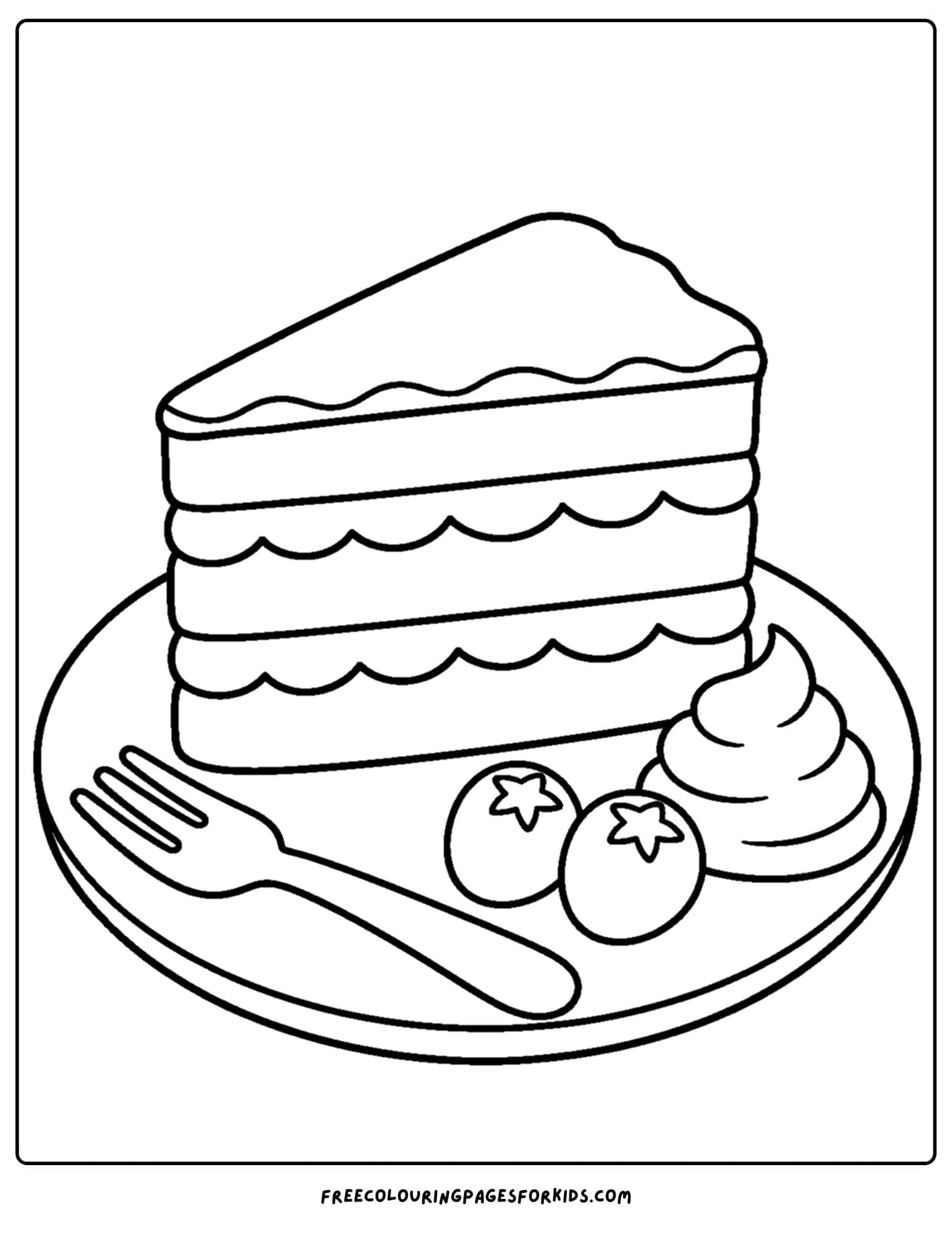 a pastry coloring page showing a slice of layered cake
