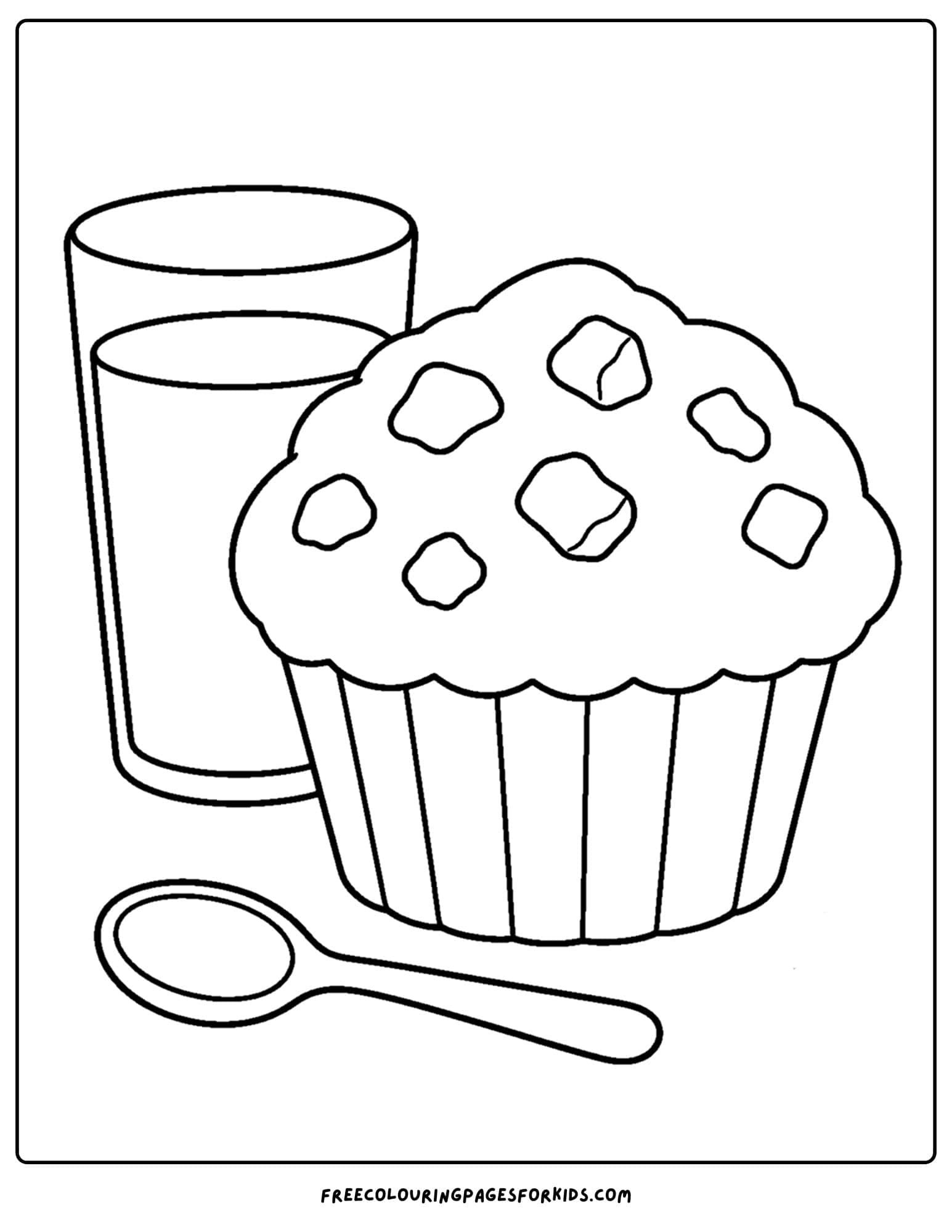 a pastry coloring page showing a muffin and glass of water