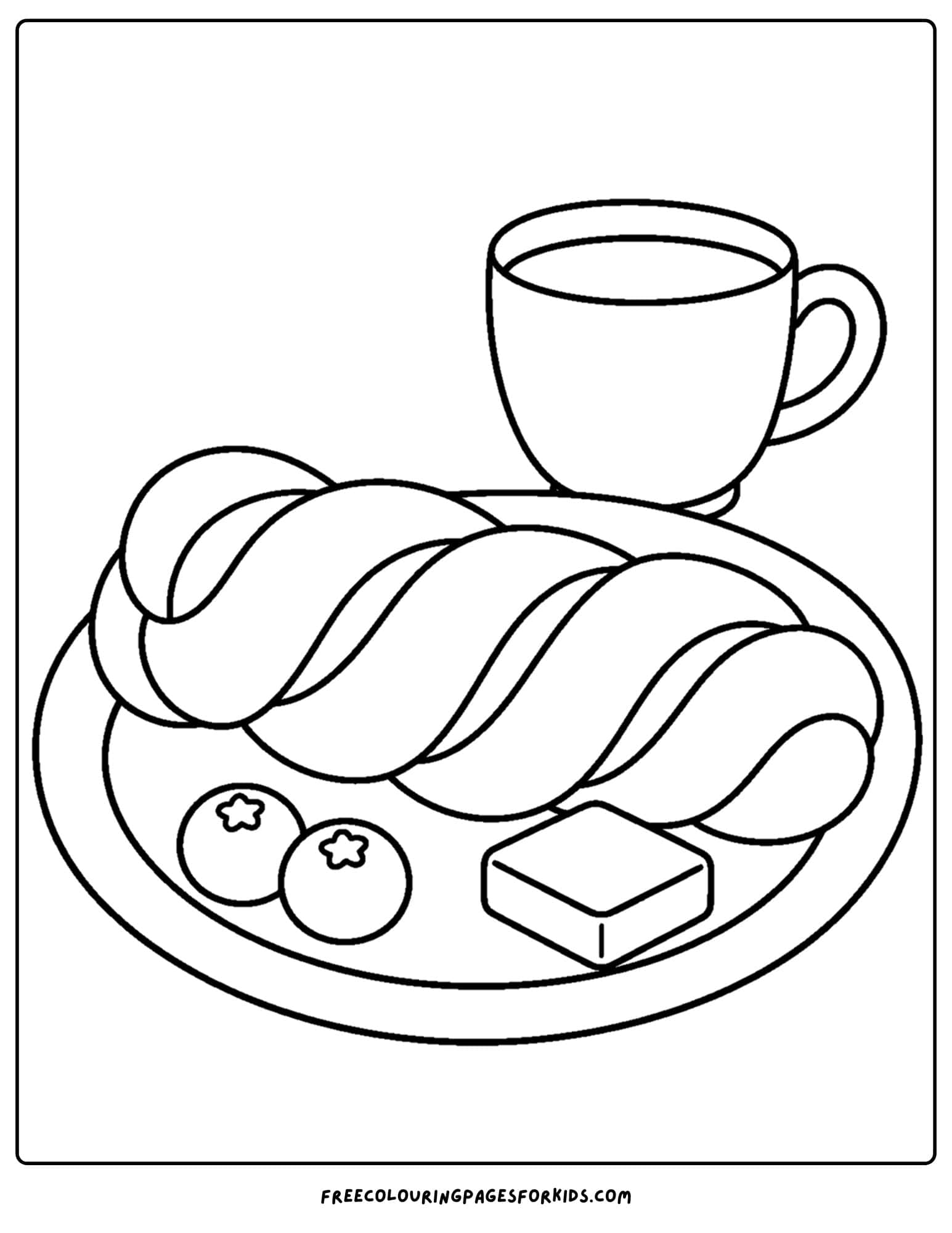 a pastry coloring page showing a pastry twist on a plate