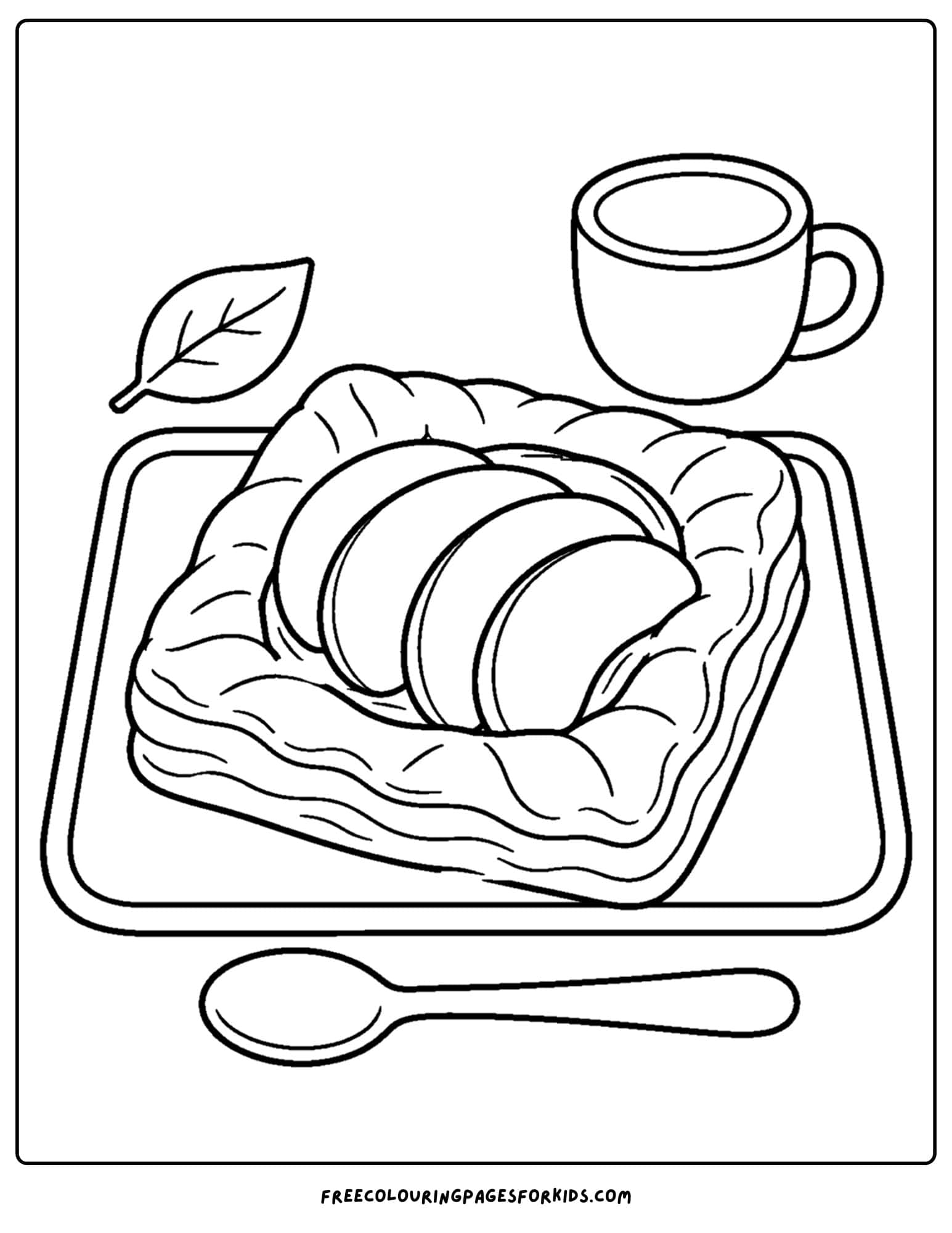 a pastry coloring page showing a tray with a peach danish on it