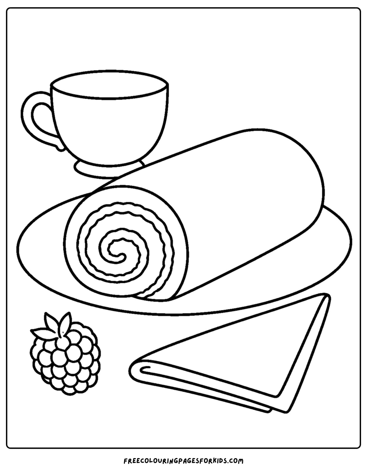 a pastry coloring page showing a rolled cake with a cup and raspberry