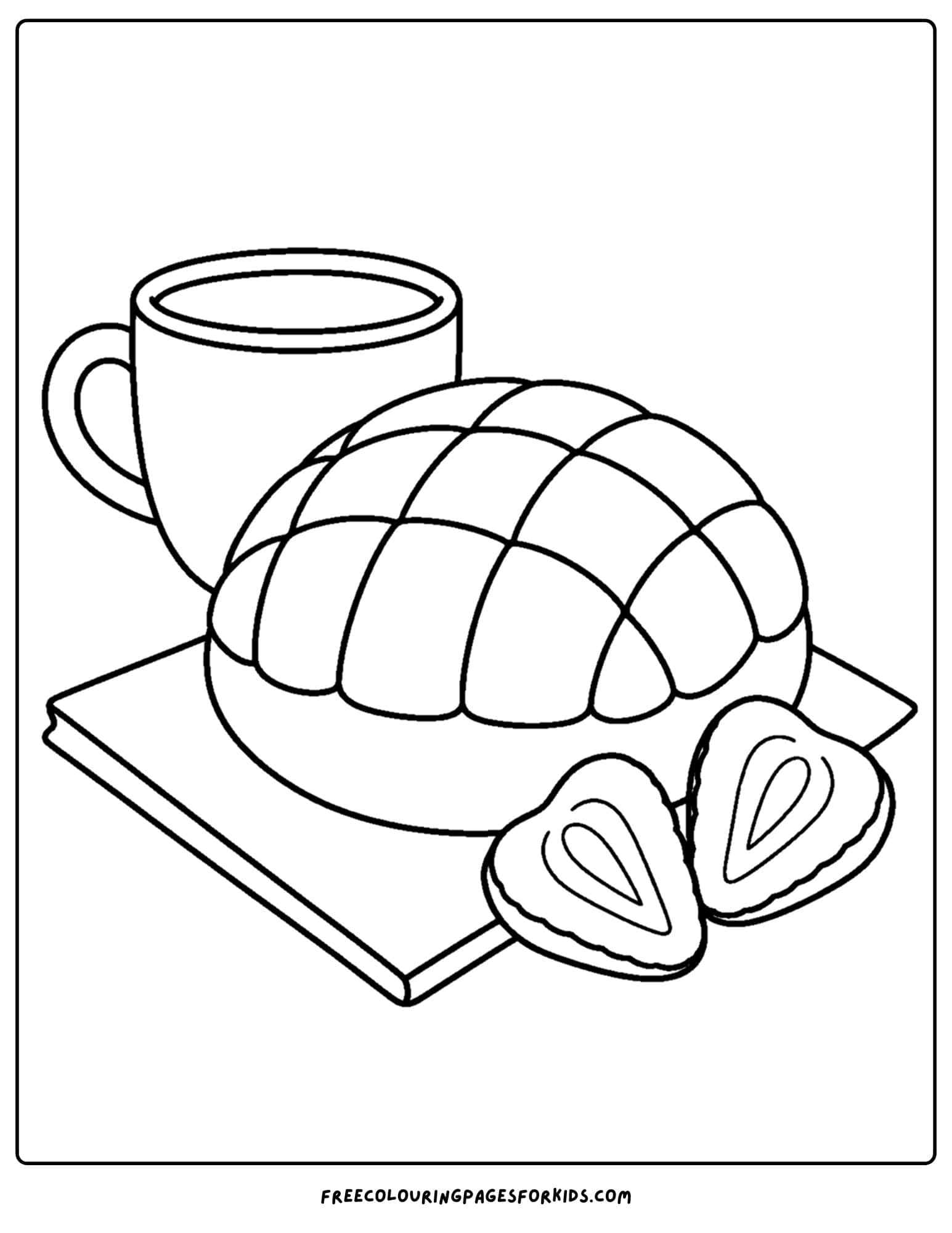 a pastry coloring page showing a sugar bun on a plate with a cup