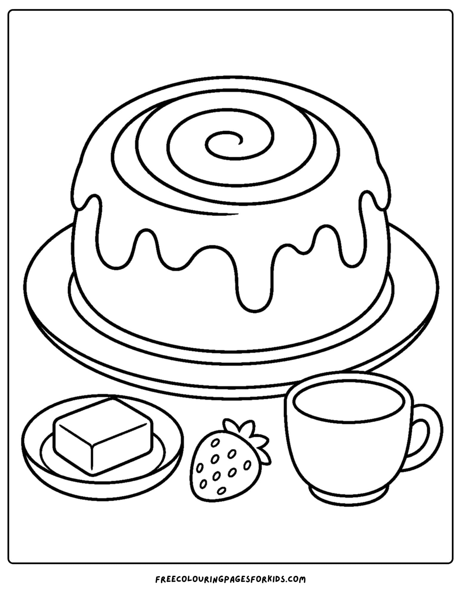 a pastry coloring page showing a sweet roll with icing on a plate