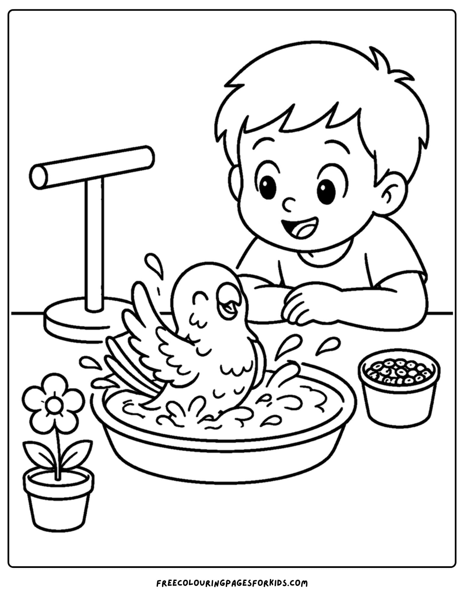 a pet coloring page showing a bird having a wash in some water