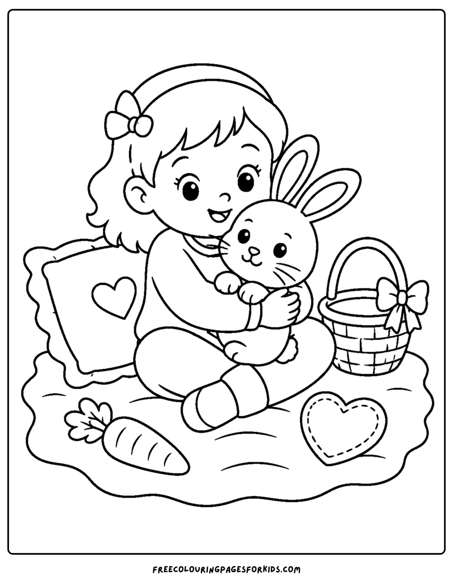 a pet coloring page showing a child cuddling their pet rabbit