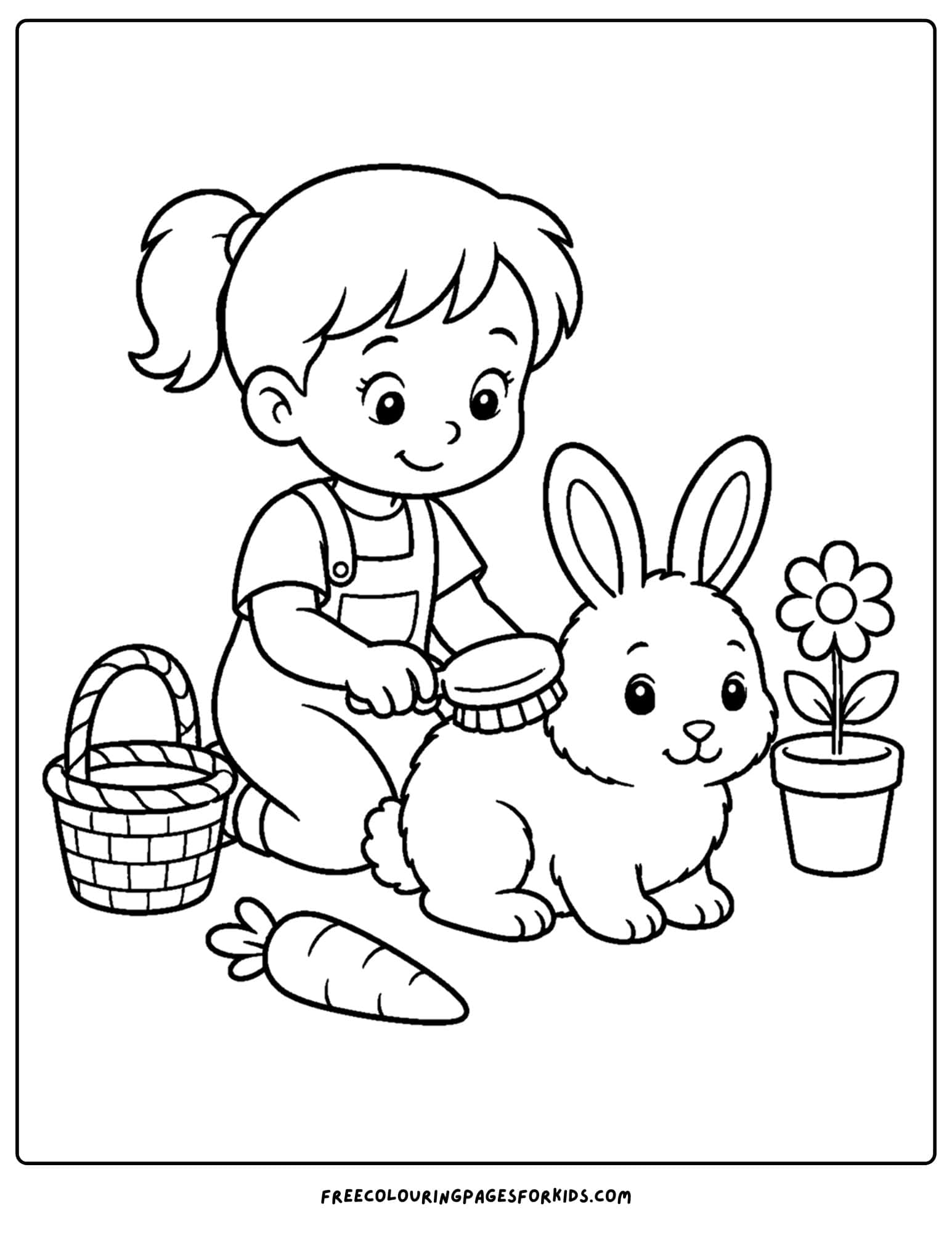 a pet coloring page showing a kid brushing their pet bunny