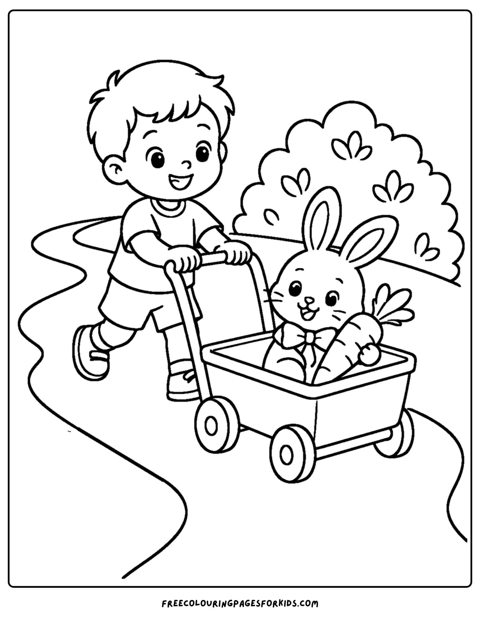 a pet coloring page showing a rabbit getting a ride in a cart with a child pushing it