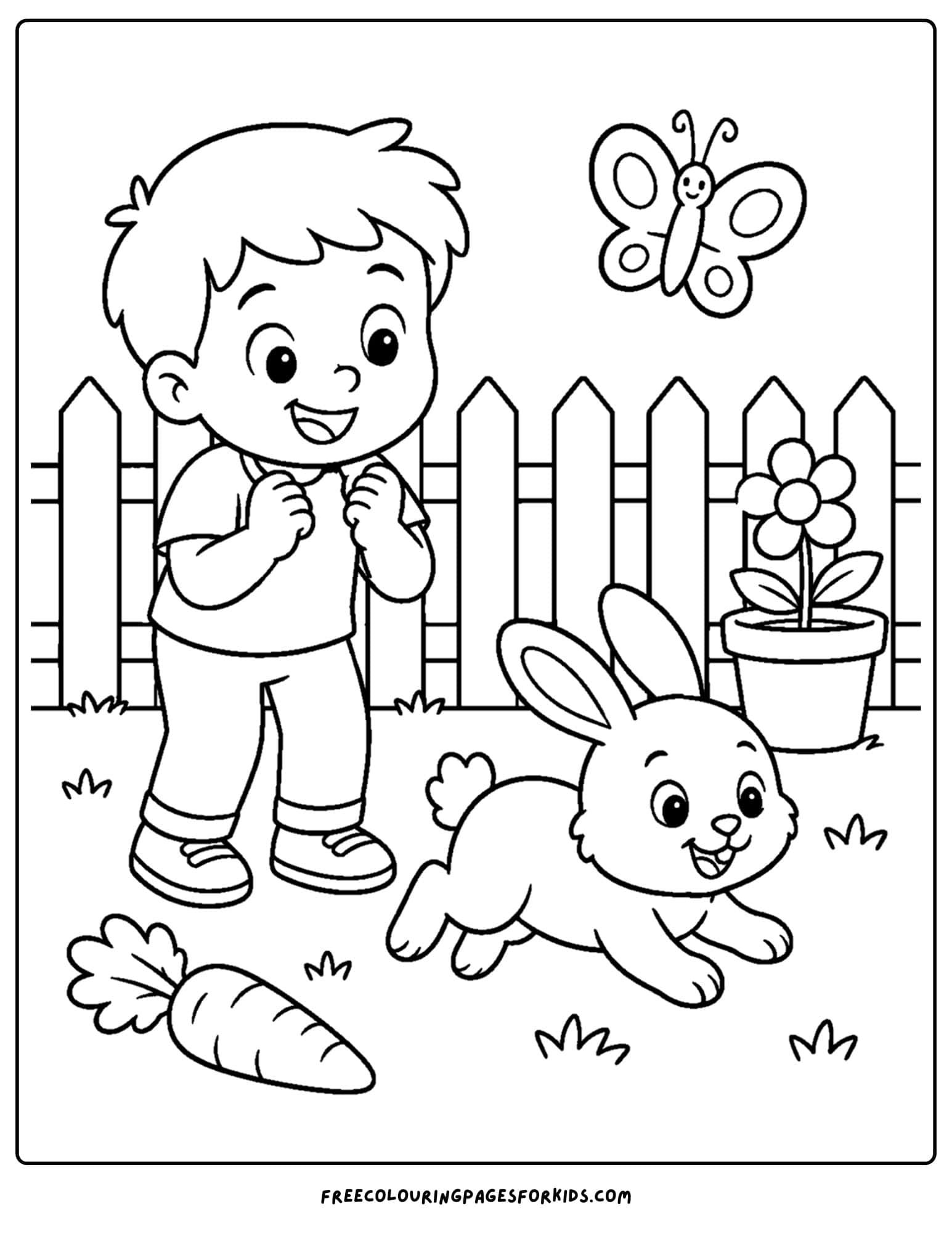 a pet coloring page showing a bunny in the garden hopping away