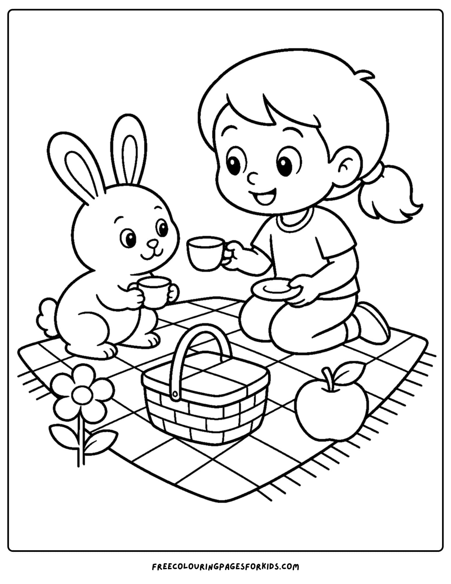 a pet coloring page showing a bunny tea party with a child
