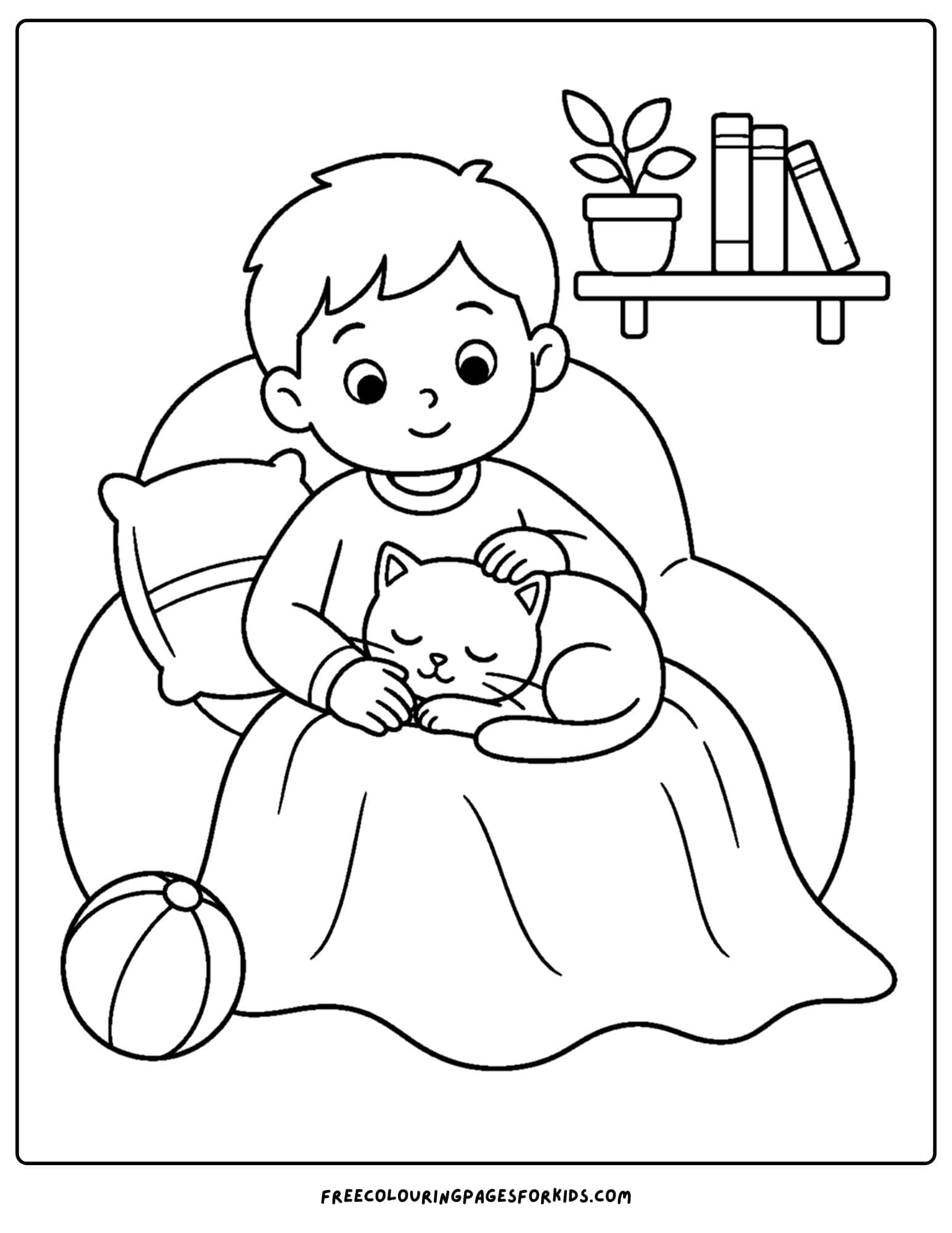 a pet coloring page showing a kitten curled up on a childs lap sleeping