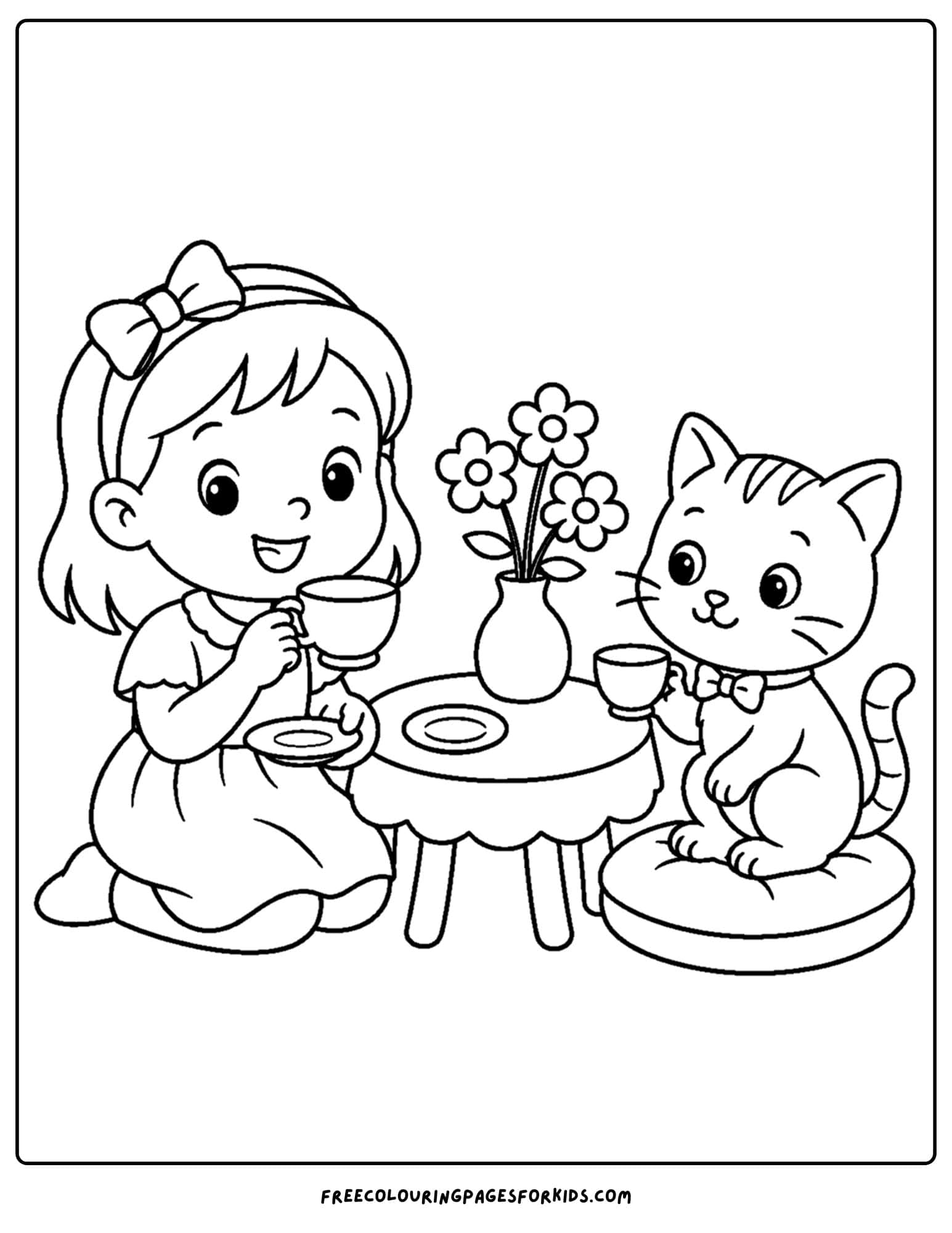 a pet coloring page showing a girl making a tea party with her pet cat