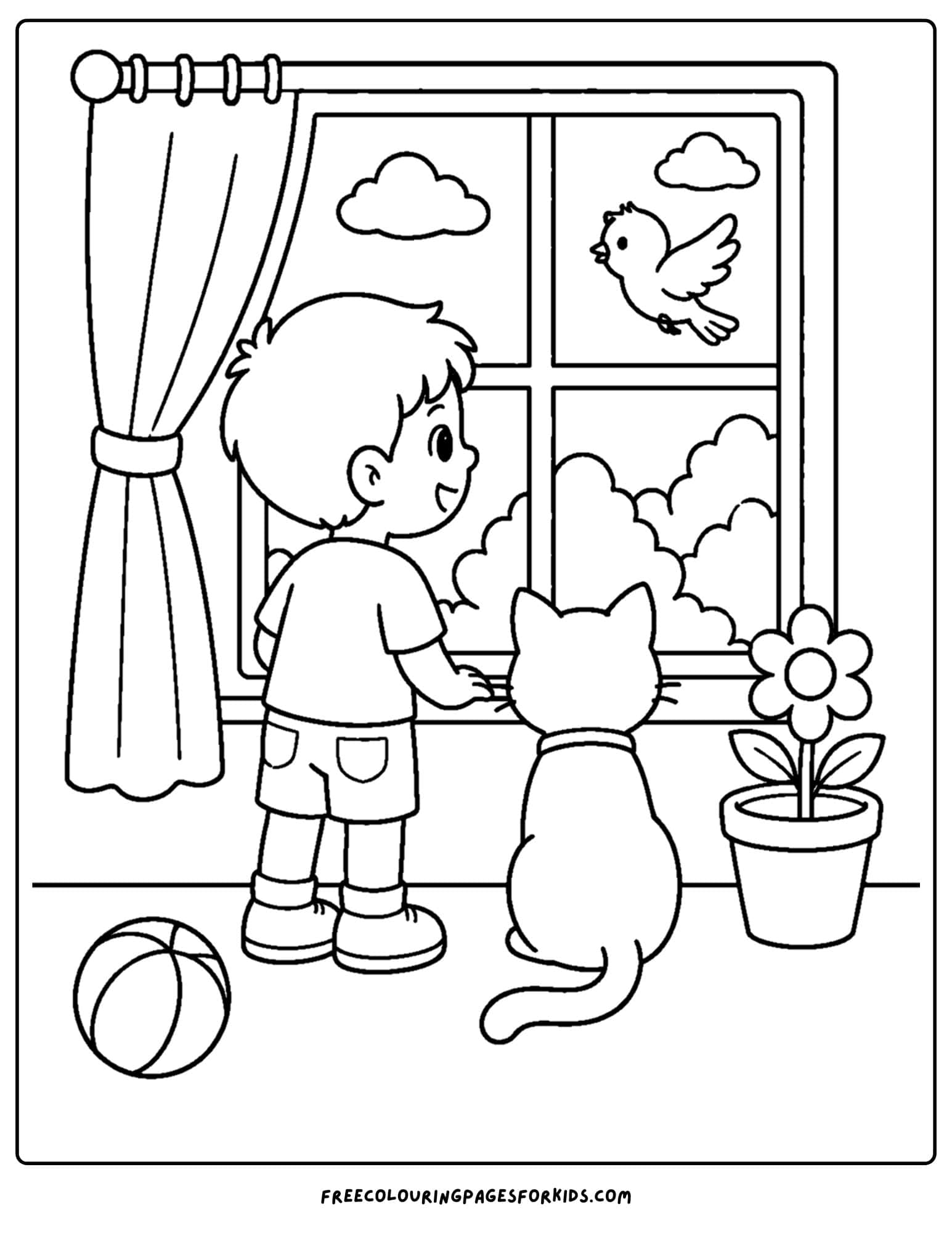 a pet coloring page showing a cat and child looking out the window at a bird