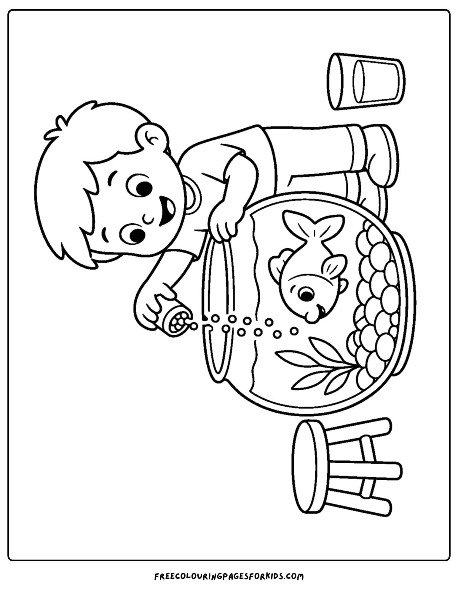 a pet coloring page showing a kid feeding the pet fish