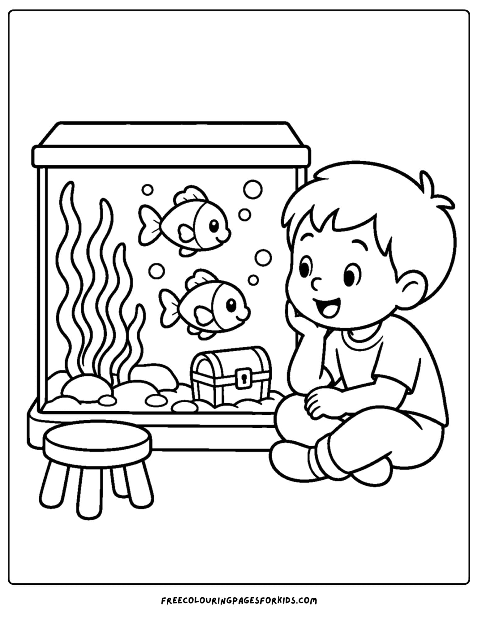 a pet coloring page showing a child watching their pet fish in a big fish tank
