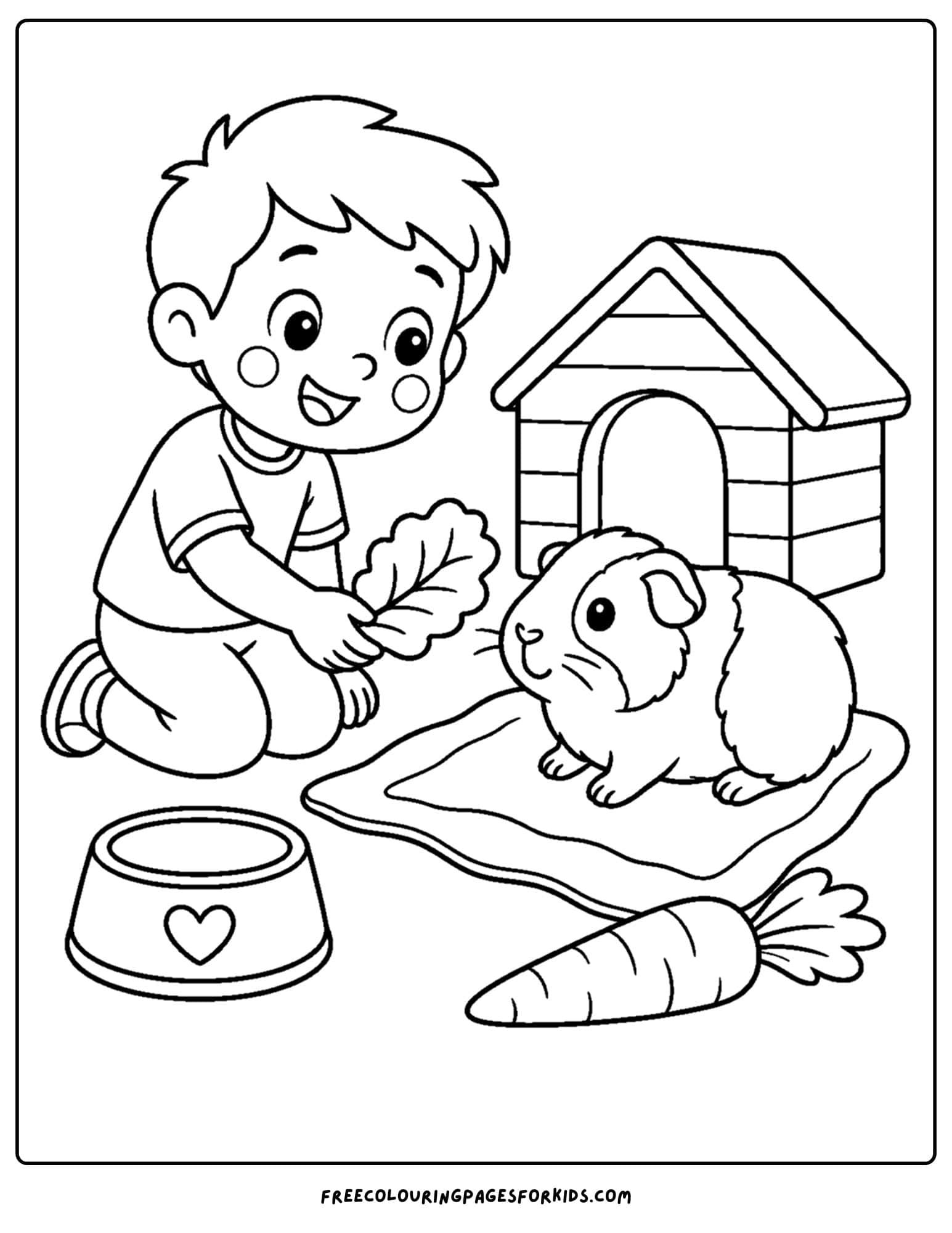 a pet coloring page showing a child feeding a pet guinea pig