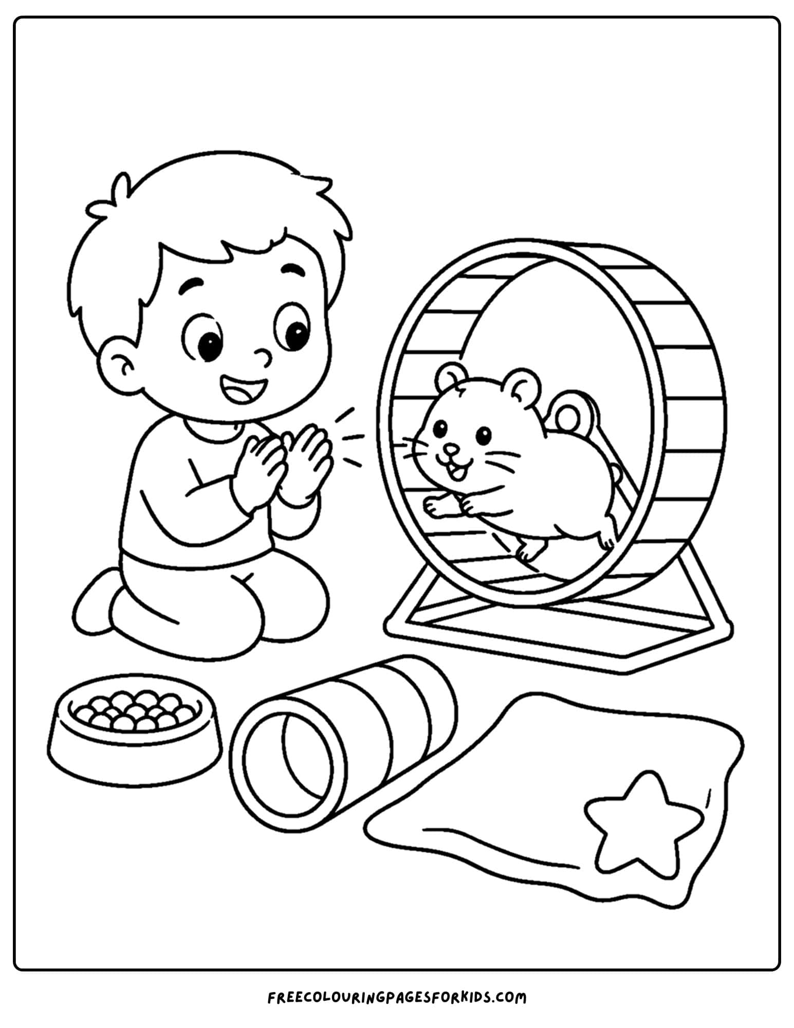 a pet coloring page showing a hamster running on a wheel